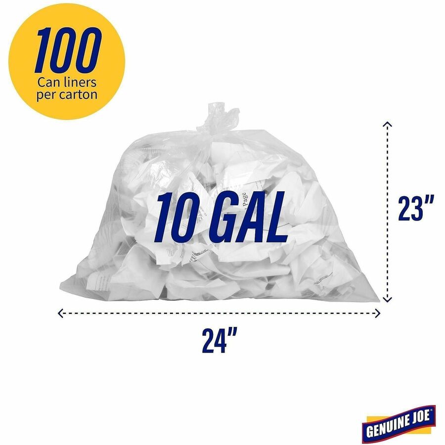 Genuine Joe Clear Trash Can Liners - Small Size - 10 gal Capacity - 23" Length x 24" Width x 0.60 mil (15 Micron) Thickness - Low Density - Clear - 25/Roll - 20 / Carton