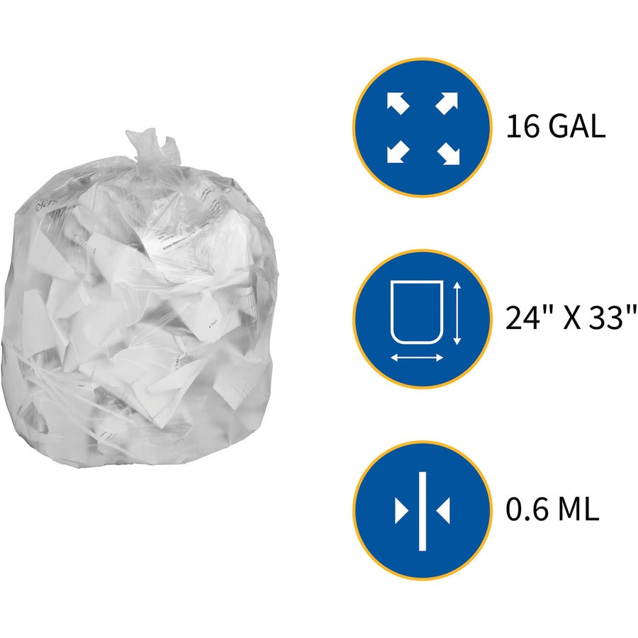 Genuine Joe Clear Trash Can Liners - Small Size - 16 gal Capacity - 33" Length x 24" Width x 0.60 mil (15 Micron) Thickness - Low Density - Clear - 500/Box - 1 / Carton