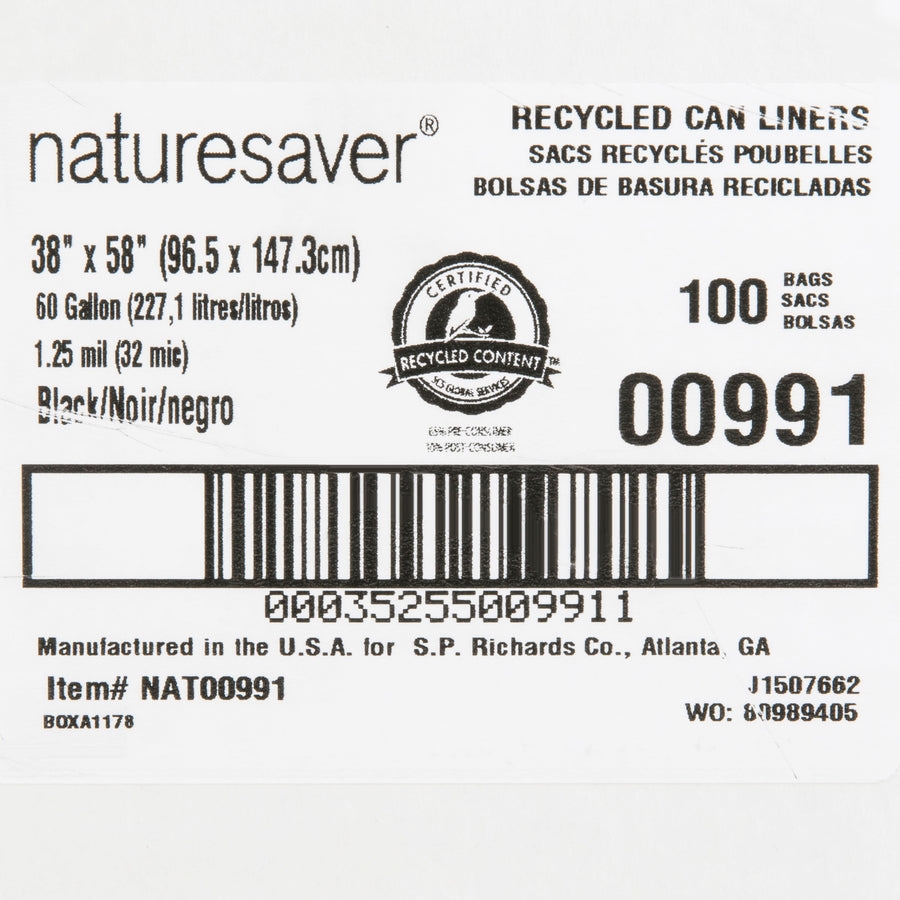 Nature Saver Black Low-density Recycled Can Liners - Extra Large Size - 60 gal Capacity - 38" Width x 58" Length - 1.25 mil (32 Micron) Thickness - Low Density - Black - Plastic - 100/Carton - Cleaning Supplies - Recycled