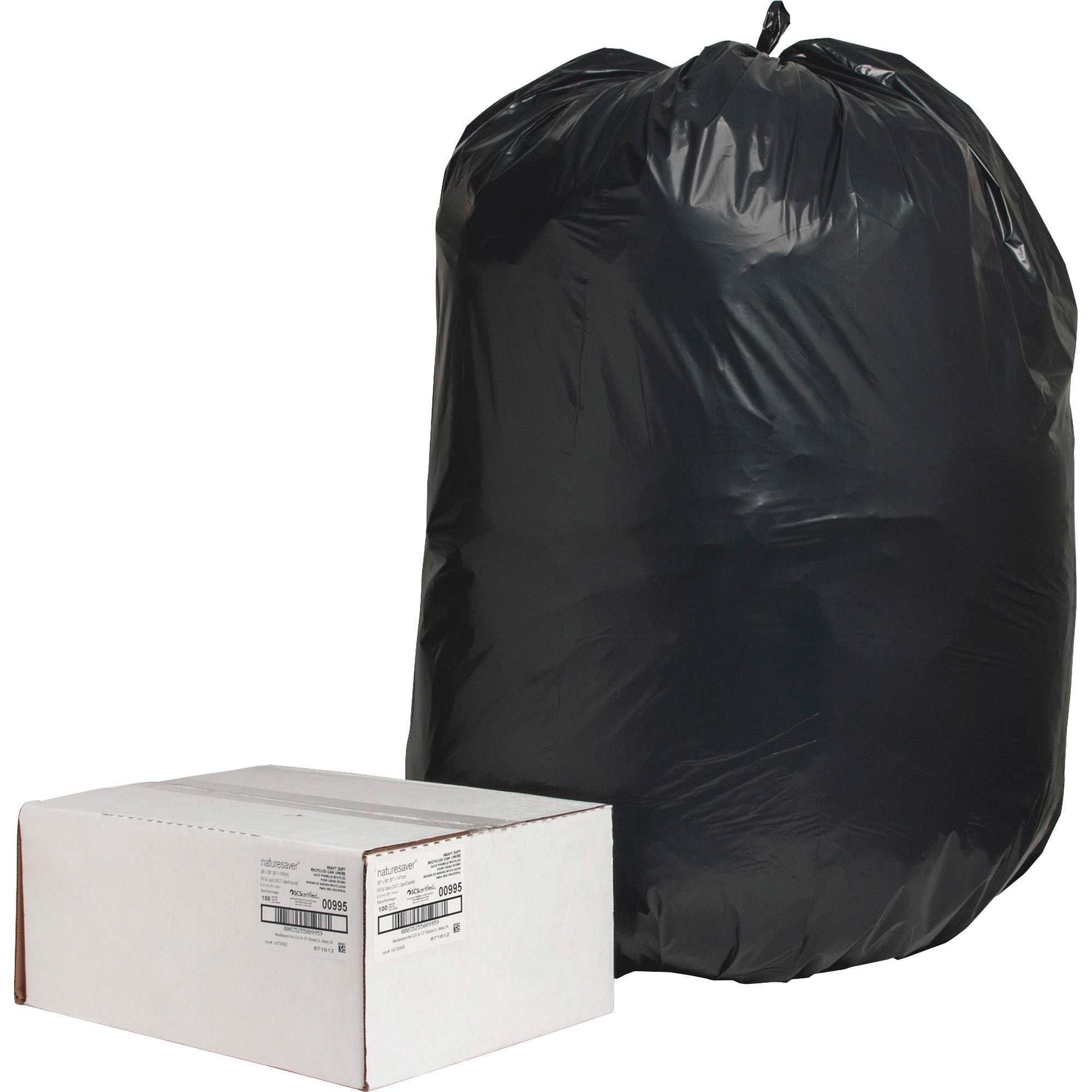 Nature Saver Black Low-density Recycled Can Liners - Extra Large Size - 60 gal Capacity - 58" Length x 38" Width x 2 mil (51 Micron) Thickness - Low Density - Black - Plastic - Cleaning Supplies - Recycled - 100 / Carton