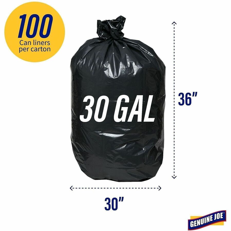 Genuine Joe Heavy-Duty Trash Can Liners - Medium Size - 30 gal Capacity - 36" Length x 30" Width x 1.50 mil (38 Micron) Thickness - Low Density - Black - 100/Box - 1 / Carton