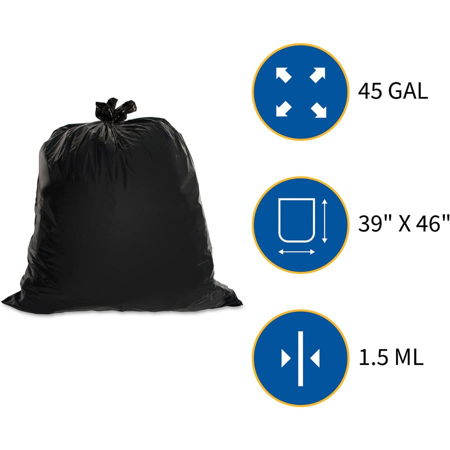 Genuine Joe Heavy-Duty Trash Can Liners - Large Size - 45 gal Capacity - 46" Length x 39" Width x 1.50 mil (38 Micron) Thickness - Low Density - Black - 50/Box - 1 / Carton