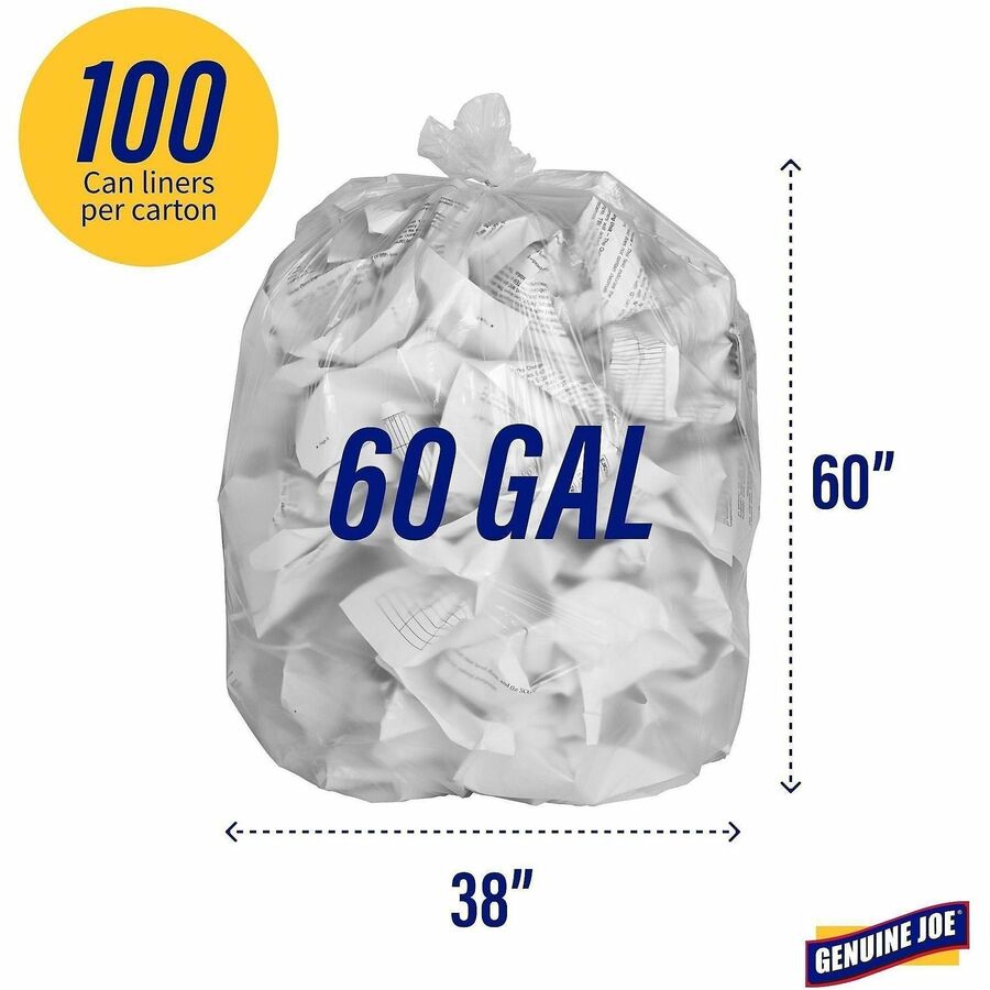 Genuine Joe High-Density Can Liners - Extra Large Size - 60 gal Capacity - 60" Length x 38" Width x 0.67 mil (17 Micron) Thickness - High Density - Clear - Resin - Office Waste, Industrial Trash - 20/Roll - 10 / Carton