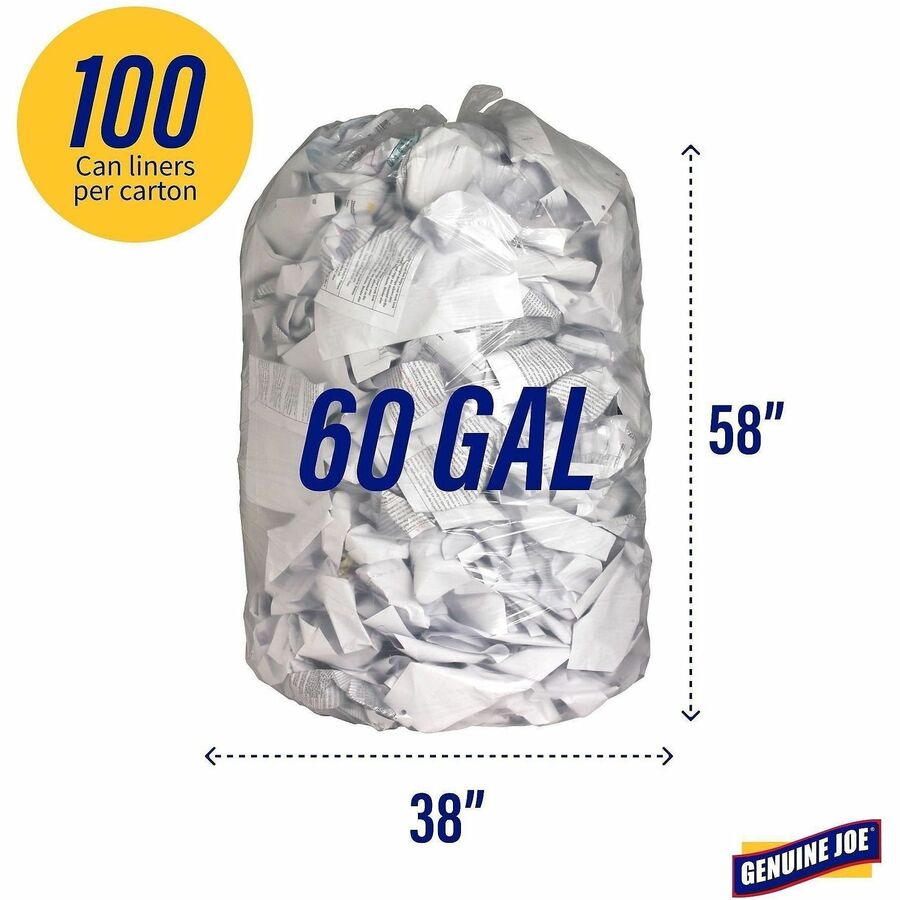 Genuine Joe Clear Trash Can Liners - Extra Large Size - 60 gal Capacity - 58" Length x 38" Width x 0.80 mil (20 Micron) Thickness - Low Density - Clear - Film - Multipurpose - 100 / Carton
