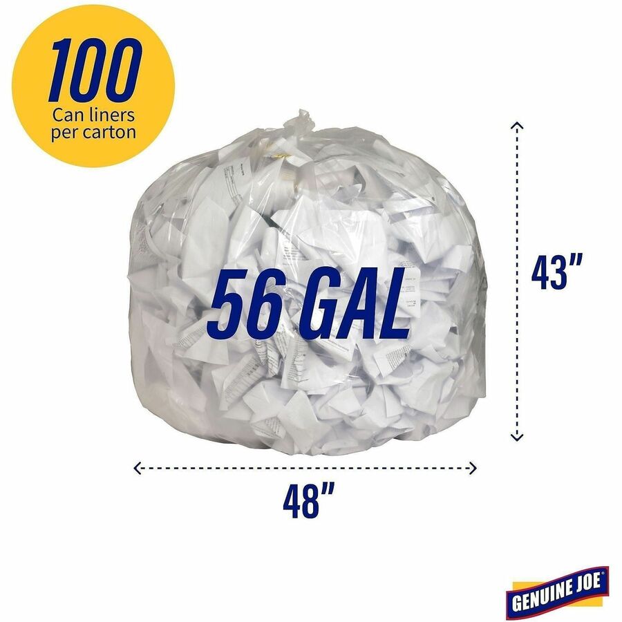 Genuine Joe Clear Trash Can Liners - 56 gal Capacity - 48" Length x 43" Width x 0.80 mil (20 Micron) Thickness - Low Density - Clear - Film - Multipurpose - Recycled - 100/Box - 1 / Carton