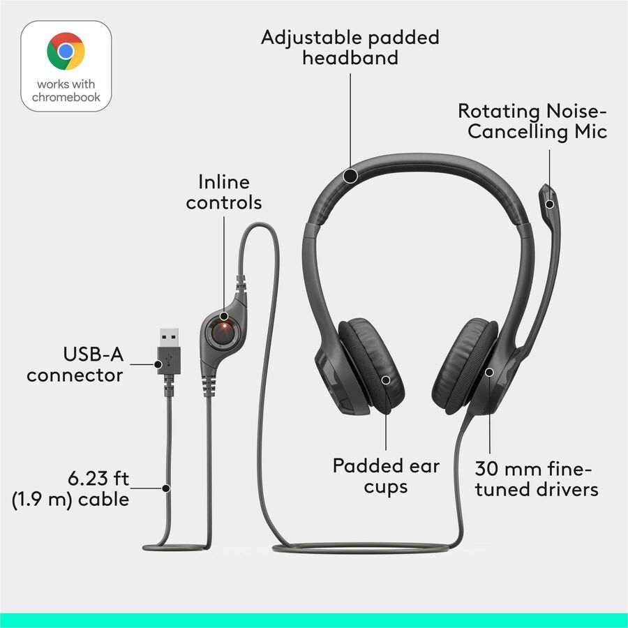 Logitech Padded H390 USB Headset - Stereo - USB - Wired - 20 Hz to 20 kHz - Over-the-head - Binaural - Circumaural - 8 ft Cable - Noise Cancelling Microphone - Black, Silver