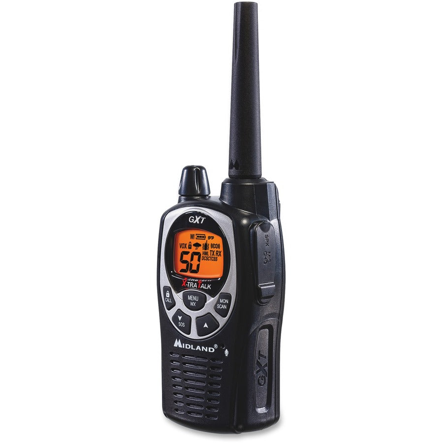 Midland GXT1000VP4 Two-Way Pair - 50 Radio Channels - 22 GMRS - Upto 158400 ft - Auto Squelch, Hands-free, Keypad Lock, Silent Operation - Alkaline - Black, Silver - 2 / Each