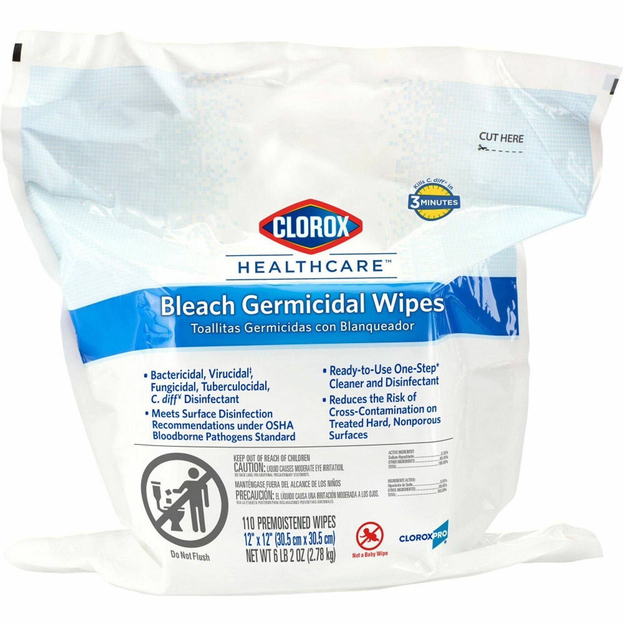 Clorox Healthcare Bleach Germicidal Wipes Refill - For Healthcare - Ready-To-Use - 12" Length x 12" Width - Recommended For: Bacteria Remover, Virus Remover, Fungi Remover, Germs Remover - Disinfectant, Anti-bacterial - White - 110/Bag - 1 Each