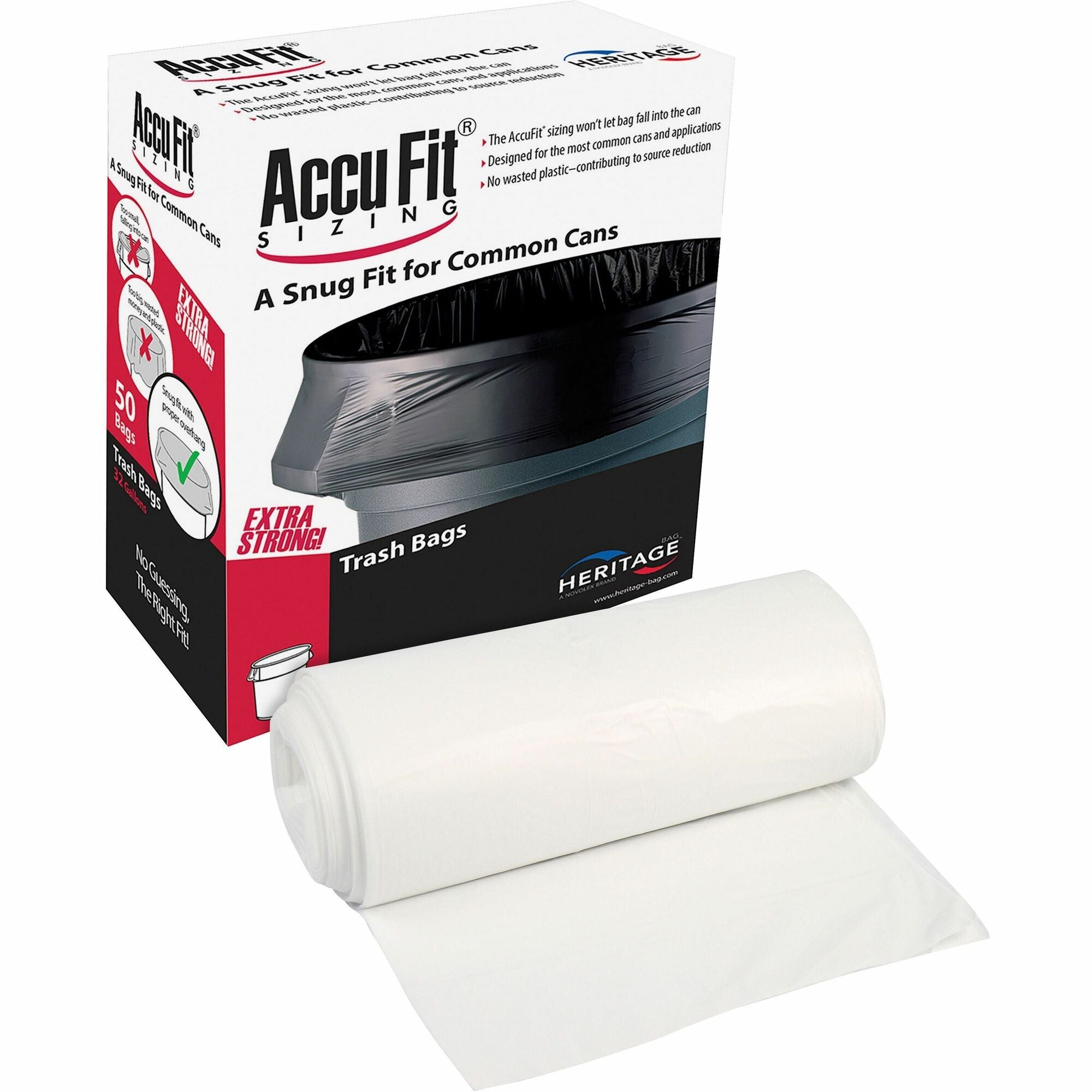 Heritage Accufit RePrime Trash Bags - 23 gal Capacity - 45" Length x 28" Width x 0.90 mil (23 Micron) Thickness - Low Density - Clear - Linear Low-Density Polyethylene (LLDPE) - Waste Disposal, Garbage - 50 / Box