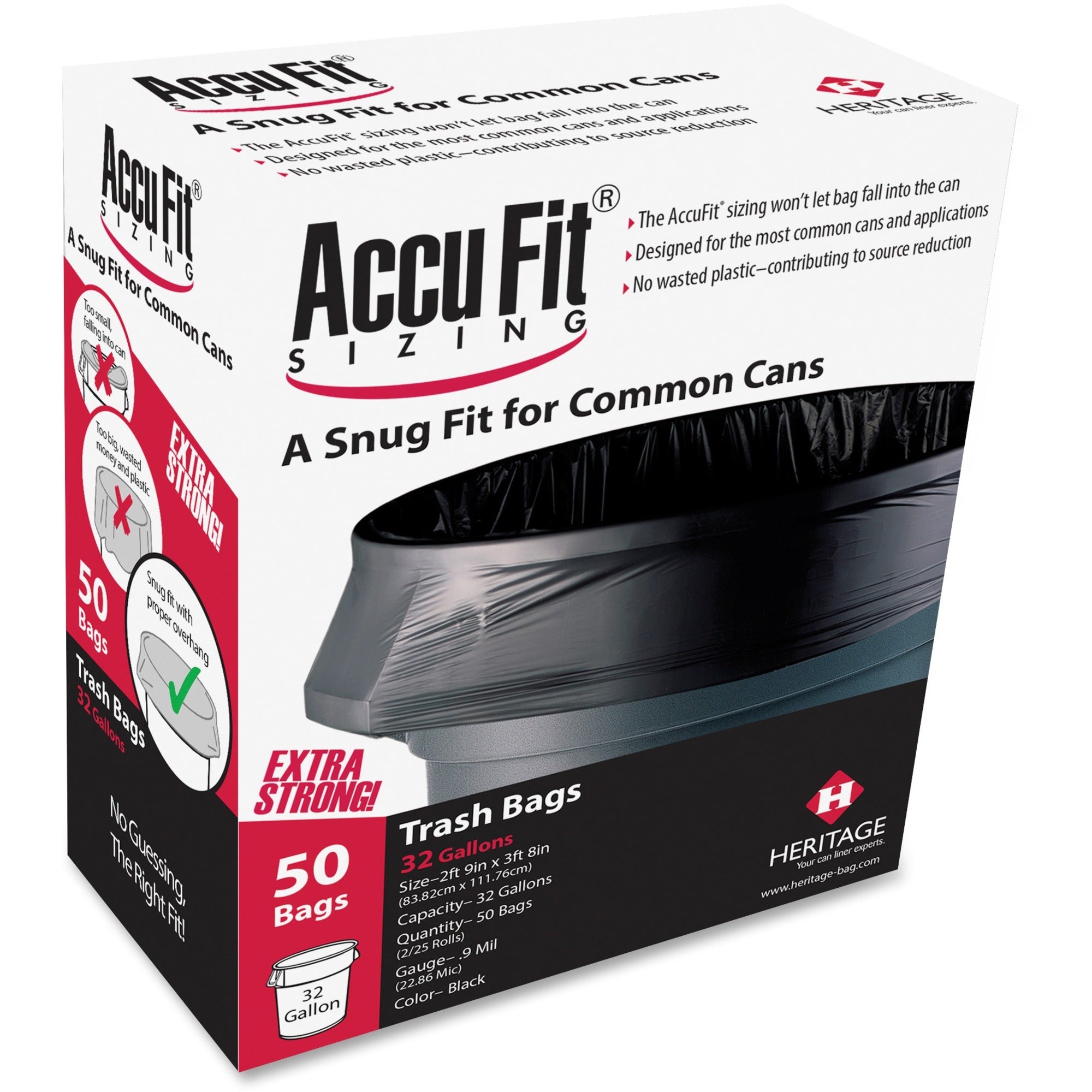 Heritage Accufit Reprime 32 Gallon Can Liners - 32 gal Capacity - 44" Length x 33" Width x 0.90 mil (23 Micron) Thickness - Low Density - Black - Linear Low-Density Polyethylene (LLDPE) - Garbage - 50 / Box