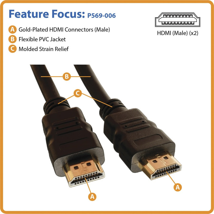 Tripp Lite series P569-016 High Speed HDMI Cable with Ethernet - 16 ft HDMI A/V Cable - First End: 1 x HDMI Digital Audio/Video - Male - Second End: 1 x HDMI Digital Audio/Video - Male - 18 Gbit/s - Black - 1 Each