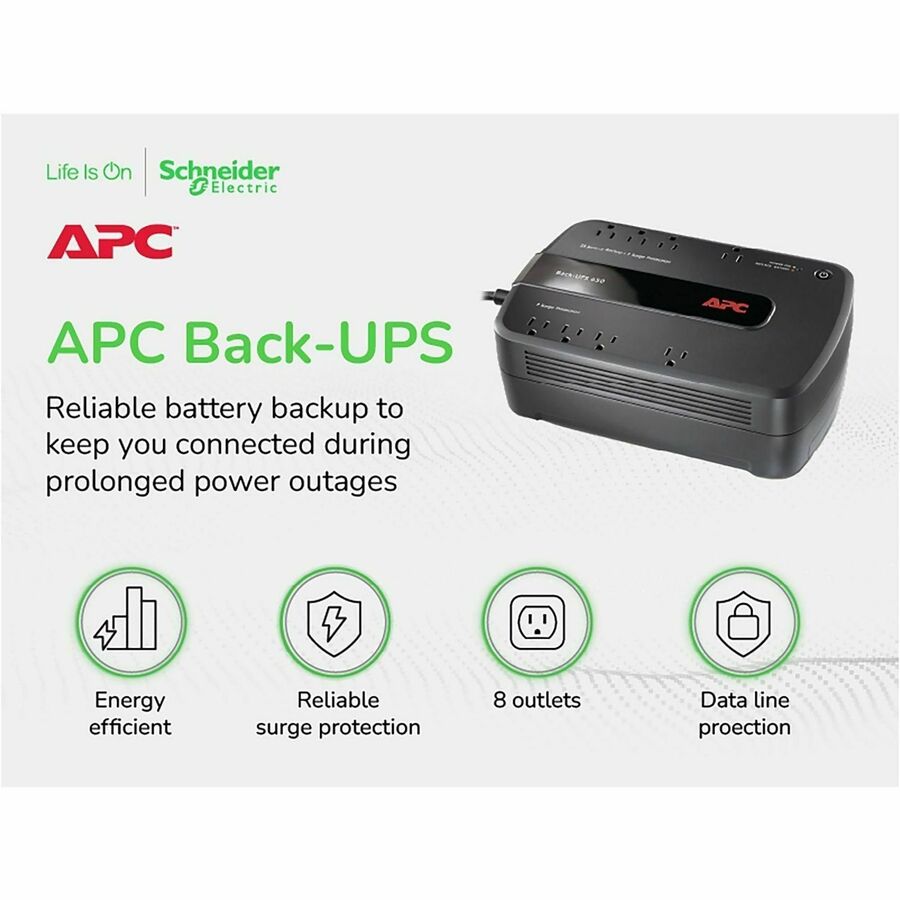 APC by Schneider Electric Back-UPS 650 VA Desktop UPS - Tower - 1 Day Recharge - 3 Minute Stand-by - 120 V Input - 120 V AC Output - Stepped Approximated Sine Wave - USB - 4 x NEMA 5-15R, 4 x NEMA 5-15R Surge Receptacle(s) - 8 x Battery/Surge Outlet