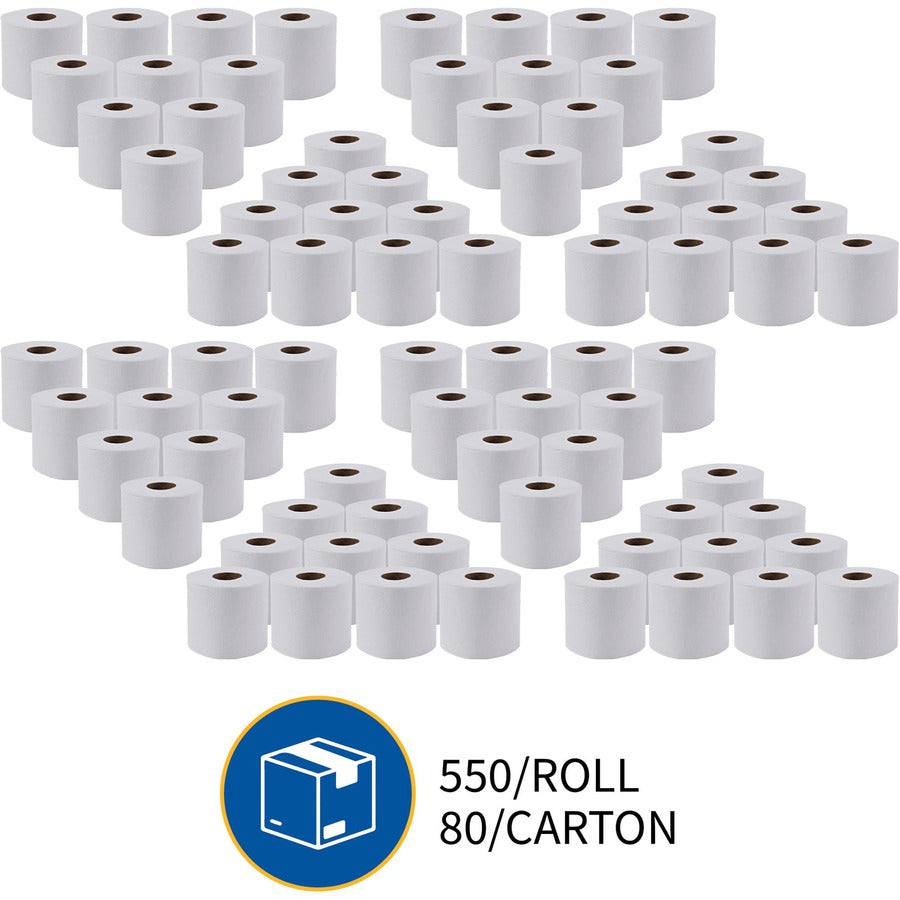 Genuine Joe Embossed Roll Bath Tissue - 2 Ply - 4" Width x 4" Length - 550 Sheets/Roll - 1.63" Core - White - 80 / Carton