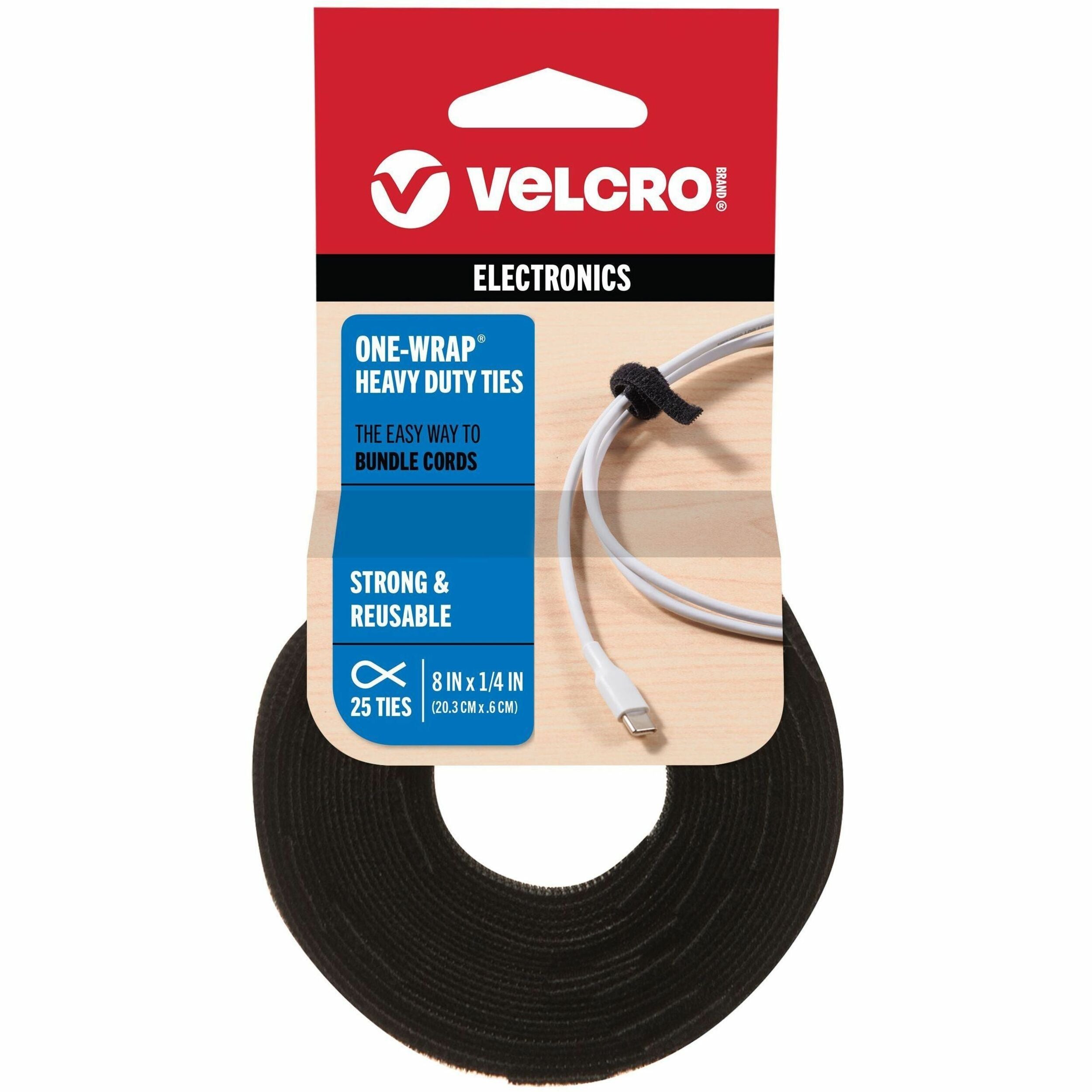 VELCRO®  ONE-WRAP Ties 8in x 1/4in Ties Black 25 ct - Tie - Black - 40 lb Loop Tensile - 8" Length - 25 / Pack