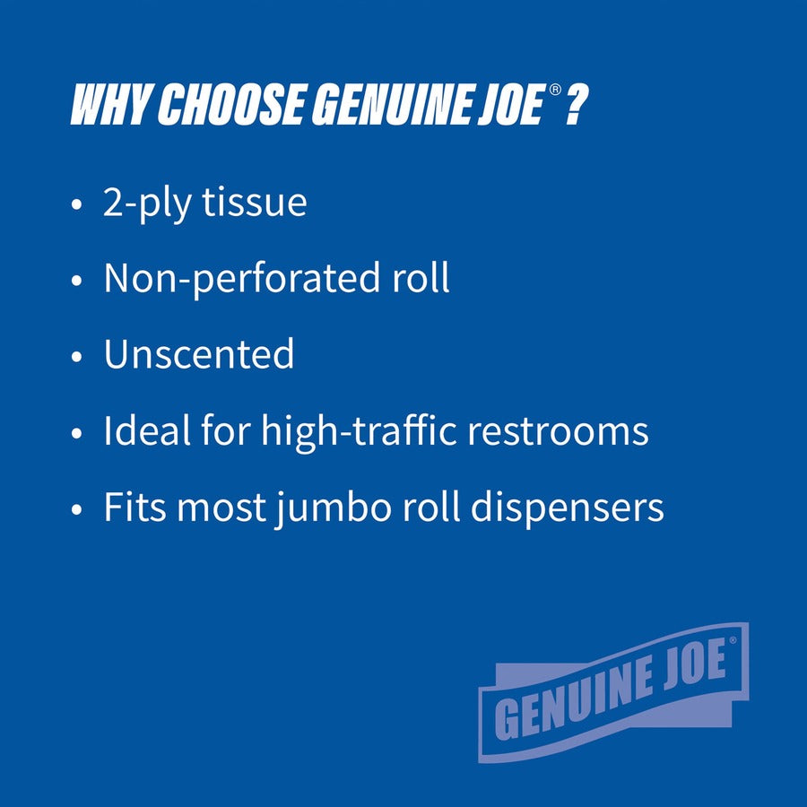 Genuine Joe 2-ply Jumbo Roll Dispenser Bath Tissue - 2 Ply - 3.30" Width x 650 ft Length - 3.30" Core - White - 12 / Carton