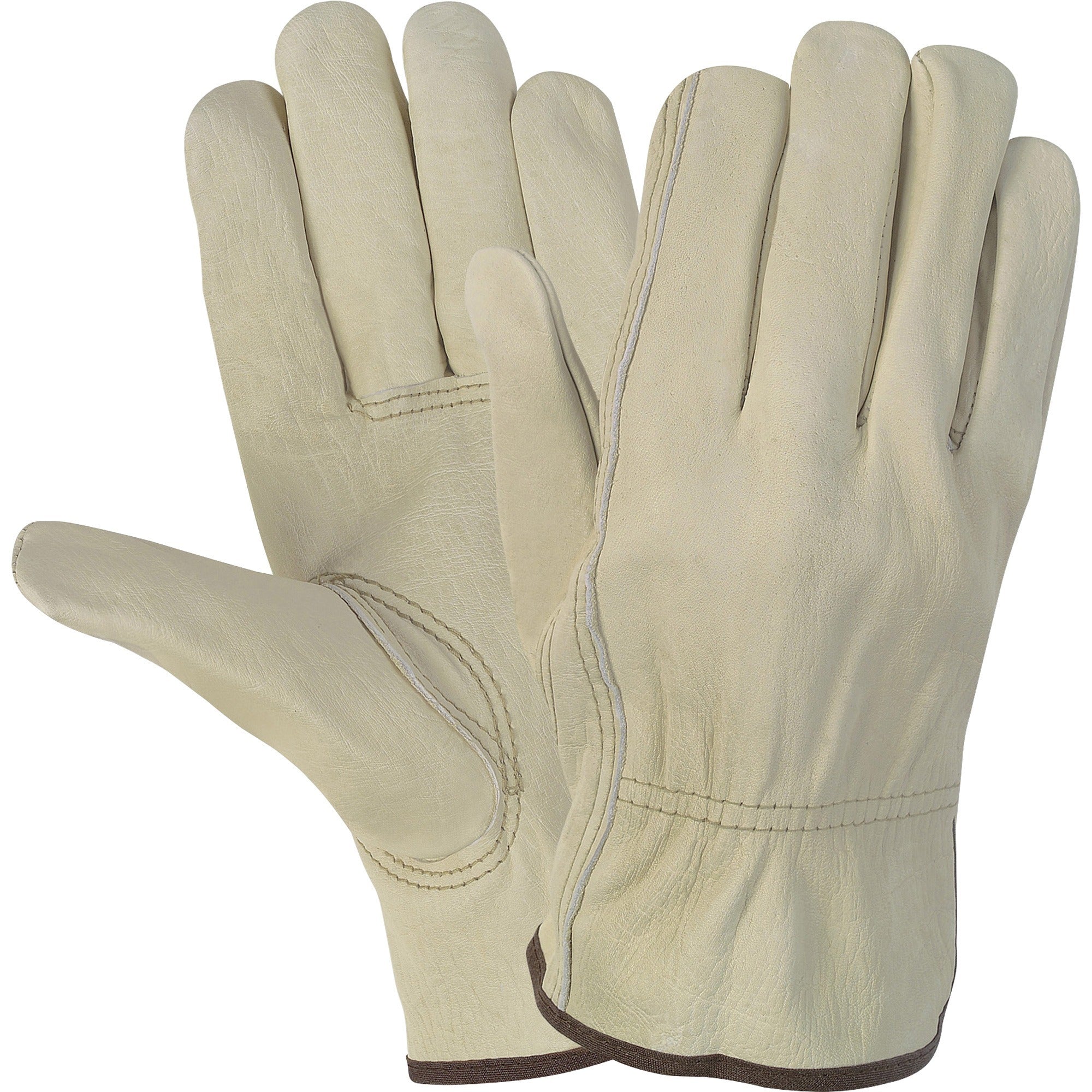 MCR Safety Durable Cowhide Leather Work Gloves - Large Size - Cream - Durable, Comfortable, Flexible - For Construction - 2 / Pair