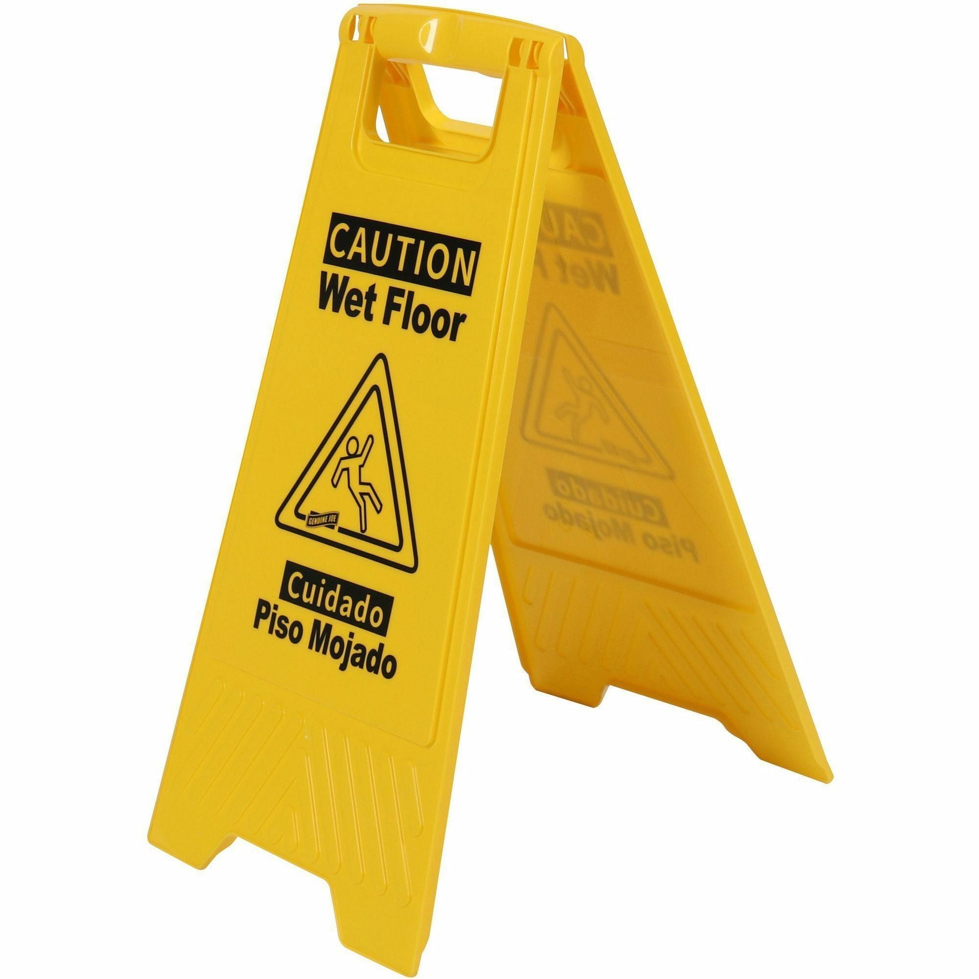 Genuine Joe Universal Graphic Wet Floor Sign - 1 Each - English, Spanish - Wet Floor Print/Message - Foldable - Yellow