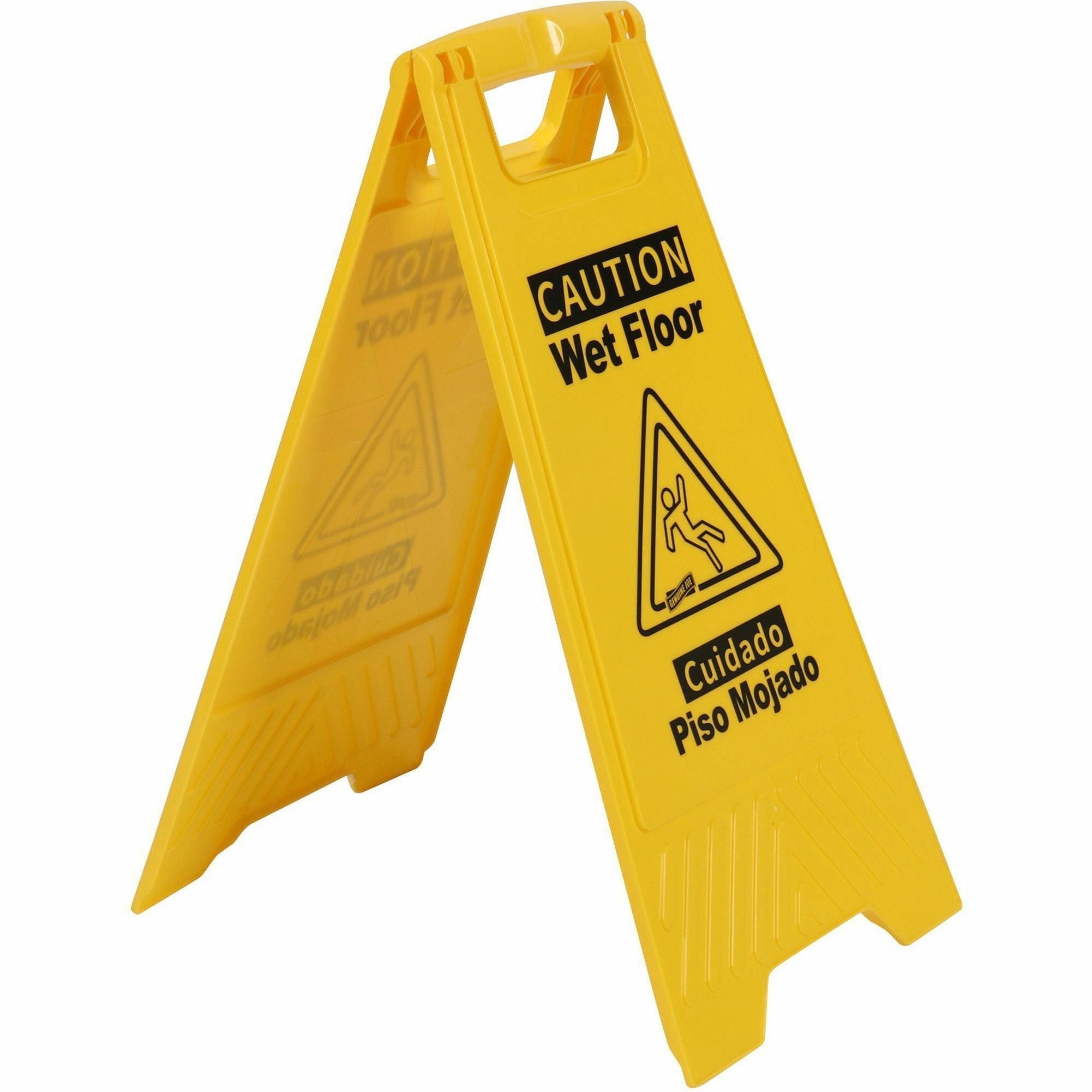 Genuine Joe Universal Graphic Wet Floor Sign - 1 Each - English, Spanish - Wet Floor Print/Message - Foldable - Yellow