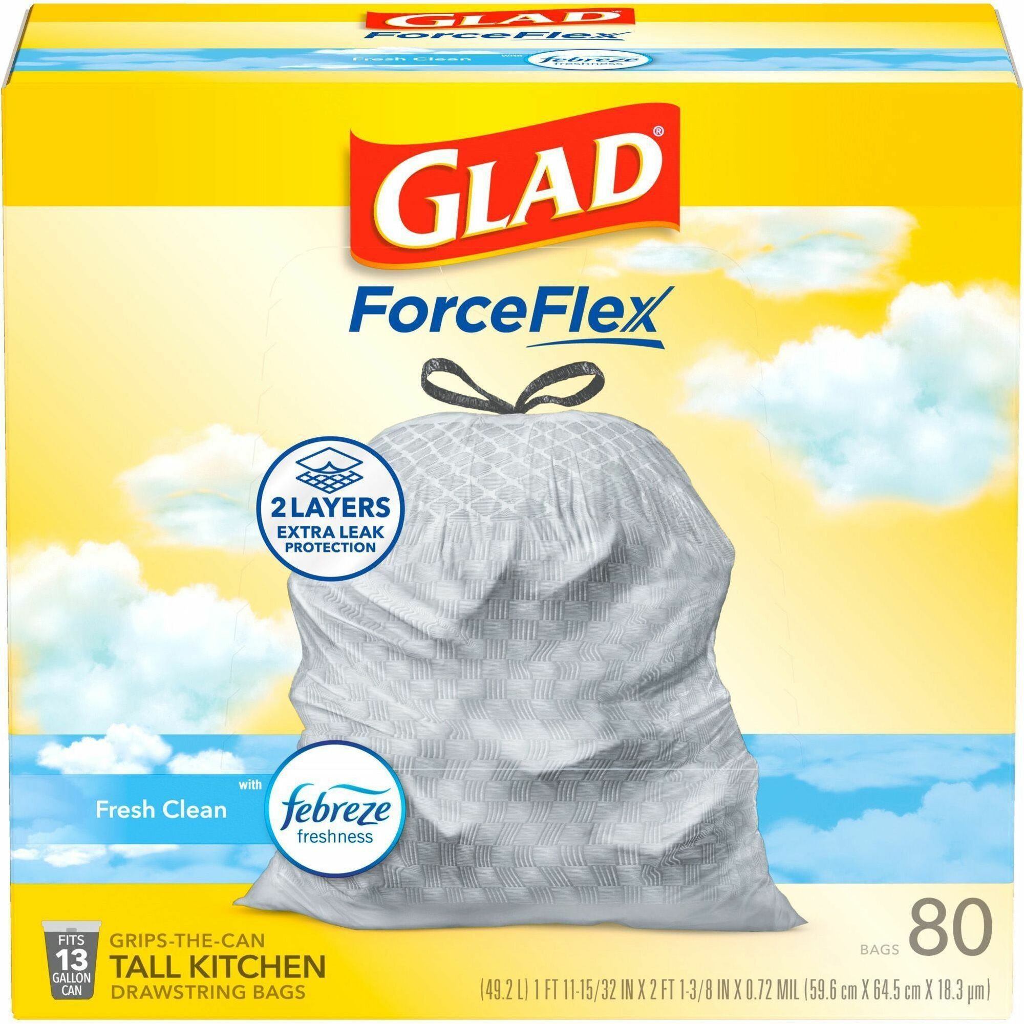 Glad ForceFlex Tall Kitchen Drawstring Trash Bags - Fresh Clean with Febreze Freshness - 13 gal Capacity - 0.78 mil (20 Micron) Thickness - Drawstring Closure - White - Kitchen, Garbage, Home, Breakroom, Cafeteria, Restaurant, Commercial/ - 80 / Box