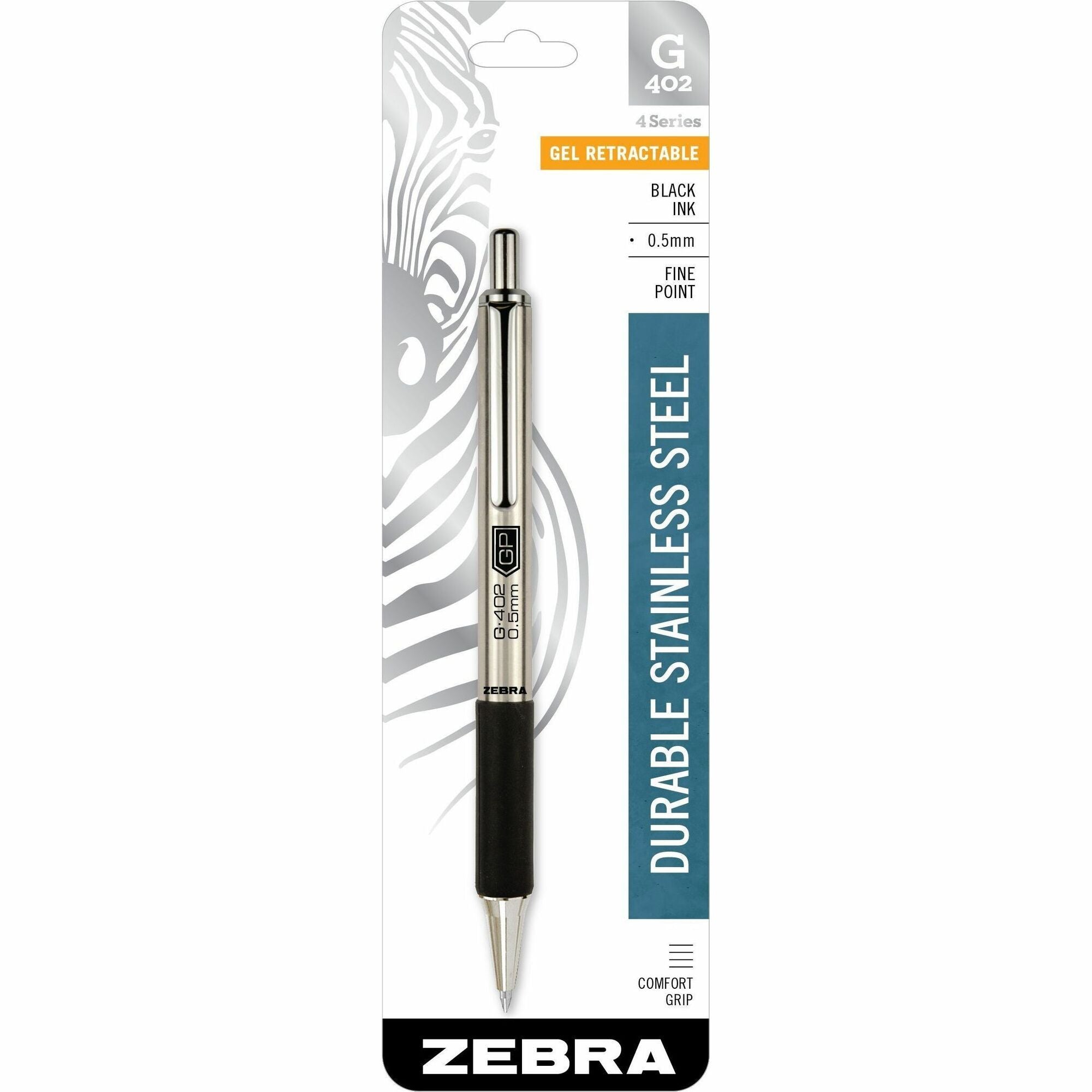 Zebra STEEL 4 Series G-402 Retractable Gel Pen - 0.5 mm Fine Pen Point - Retractable - Black Ink - Gel-based - Stainless Steel Barrel - 1 Each