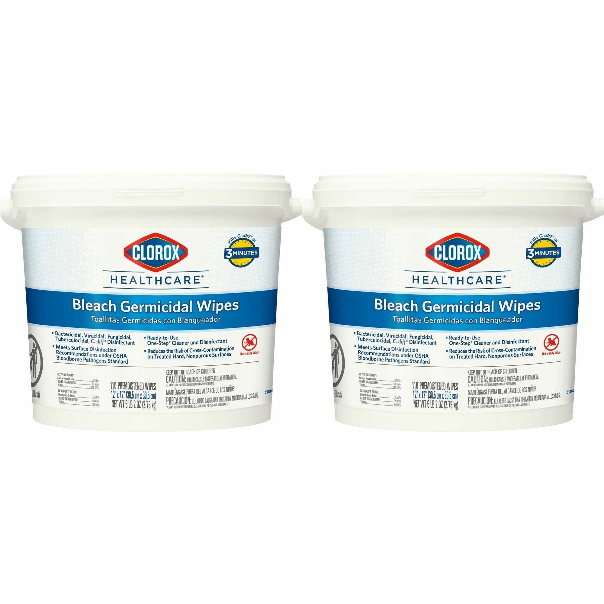 Clorox Healthcare Bleach Germicidal Wipes Bucket - Ready-To-Use - 12" Length x 12" Width - Anti-corrosive, Antibacterial - White - 110/Tub - 100 / Pallet