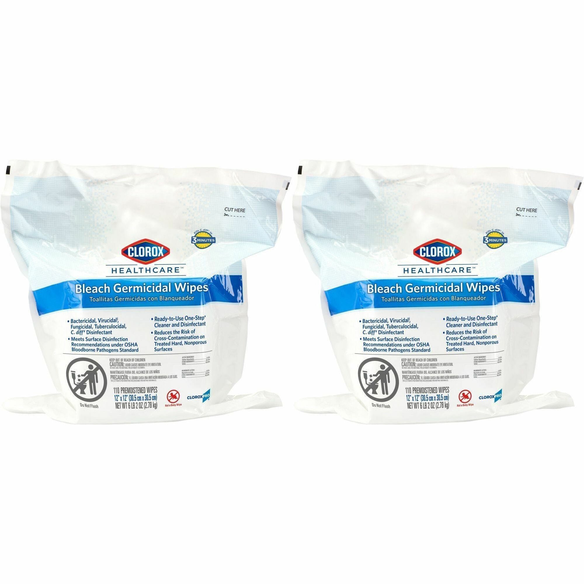 Clorox Healthcare Bleach Germicidal Wipes Bucket Refill - Ready-To-Use - 12" Length x 12" Width - Anti-corrosive - White - 110/Tub - 200 / Pallet
