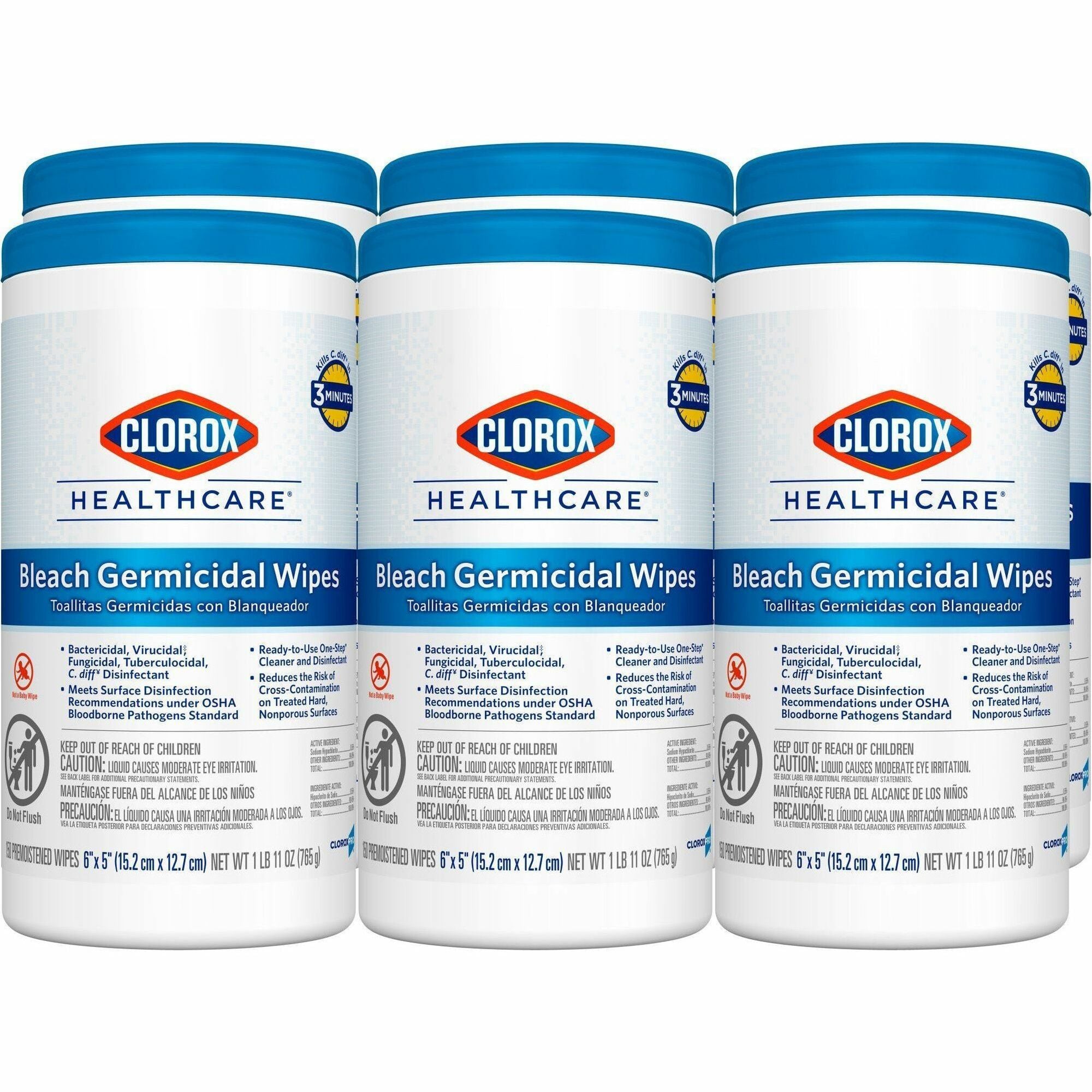 Clorox Healthcare Bleach Germicidal Wipes - Ready-To-Use - 5" Length x 6" Width - Anti-corrosive, Residue-free - White - 150/Tub - 300 / Pallet