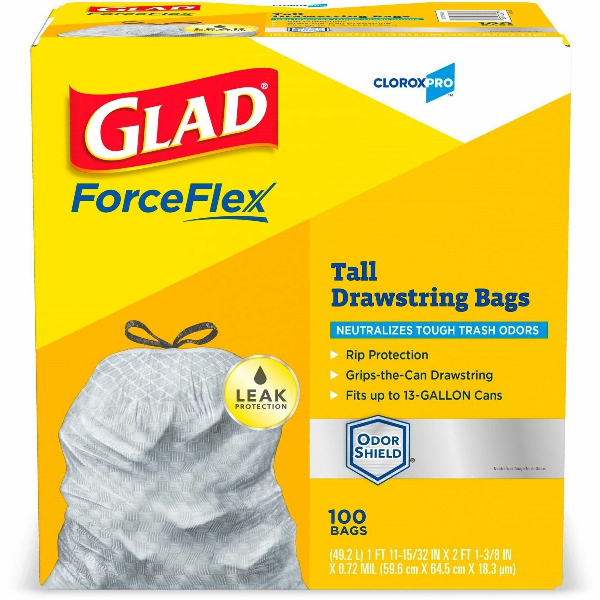 CloroxPro™ Glad® ForceFlex Tall Kitchen Drawstring Trash Bags - 13 gal Capacity - 0.90 mil (23 Micron) Thickness - Drawstring Closure - Gray - Kitchen, Can, Office, Breakroom, School, Restaurant, Commercial, Cafeteria - 100/Box - 156 / Pallet