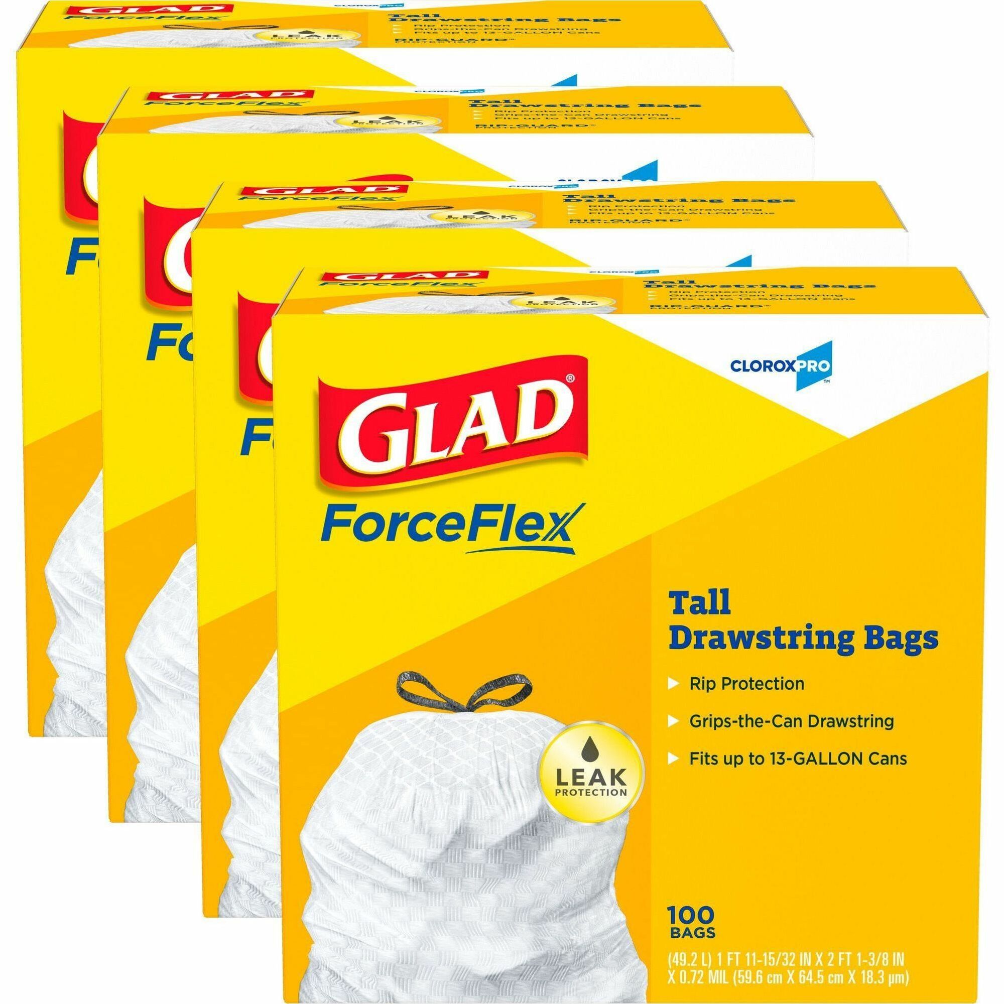 Glad ForceFlex Tall Kitchen Drawstring Trash Bags - 13 gal Capacity - 27" Length x 24" Width x 9 mil (229 Micron) Thickness - Drawstring Closure - White - Plastic - Kitchen, Office, Day Care, Restaurant, School - 100/Box - 72 / Bundle