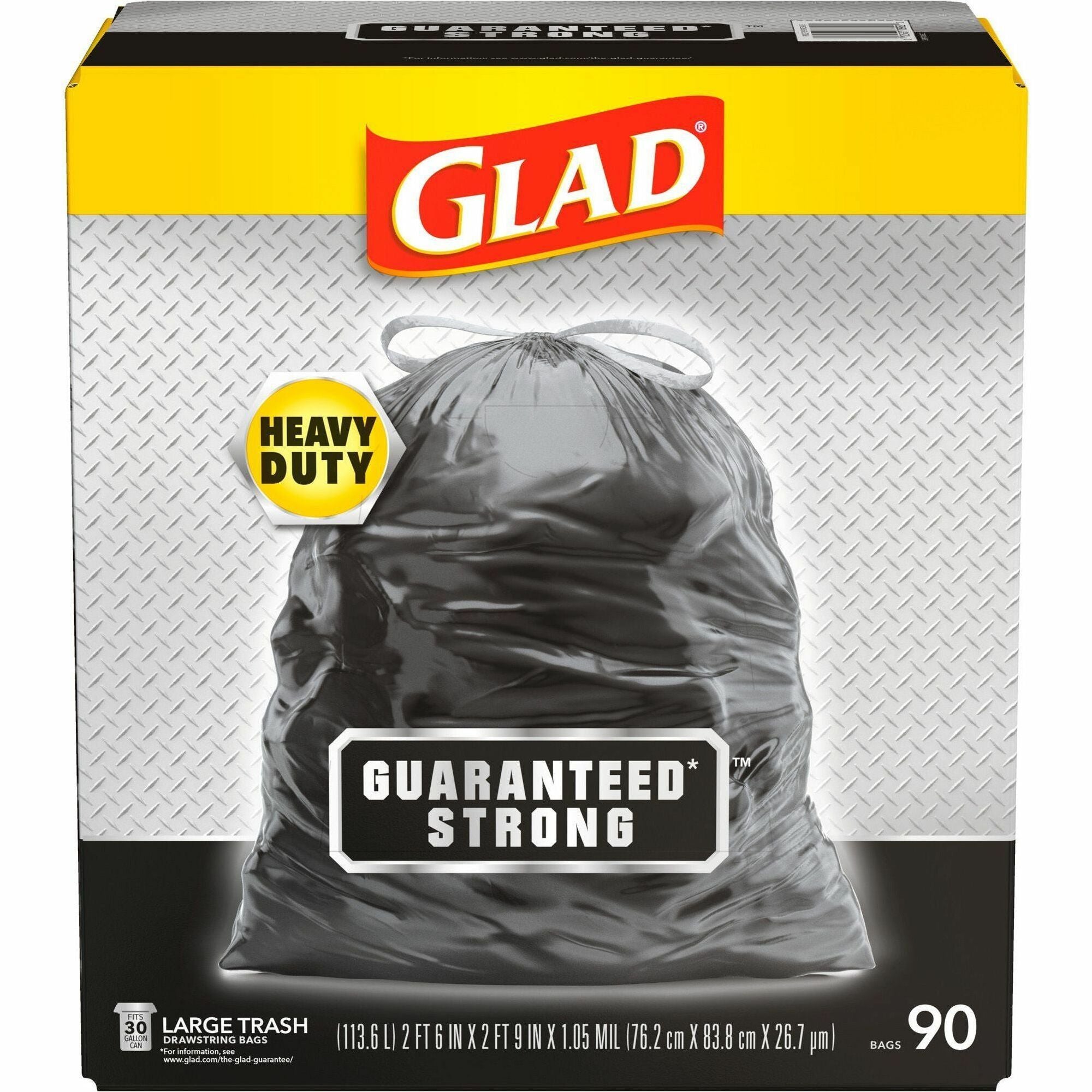 Glad Strong Large Drawstring Trash Bags - Large Size - 30 gal Capacity - 32.99" Length x 30" Width x 1.05 mil (27 Micron) Thickness - Drawstring Closure - Black - Plastic - Garbage, Indoor, Outdoor - 90/Box - 68 / Pallet