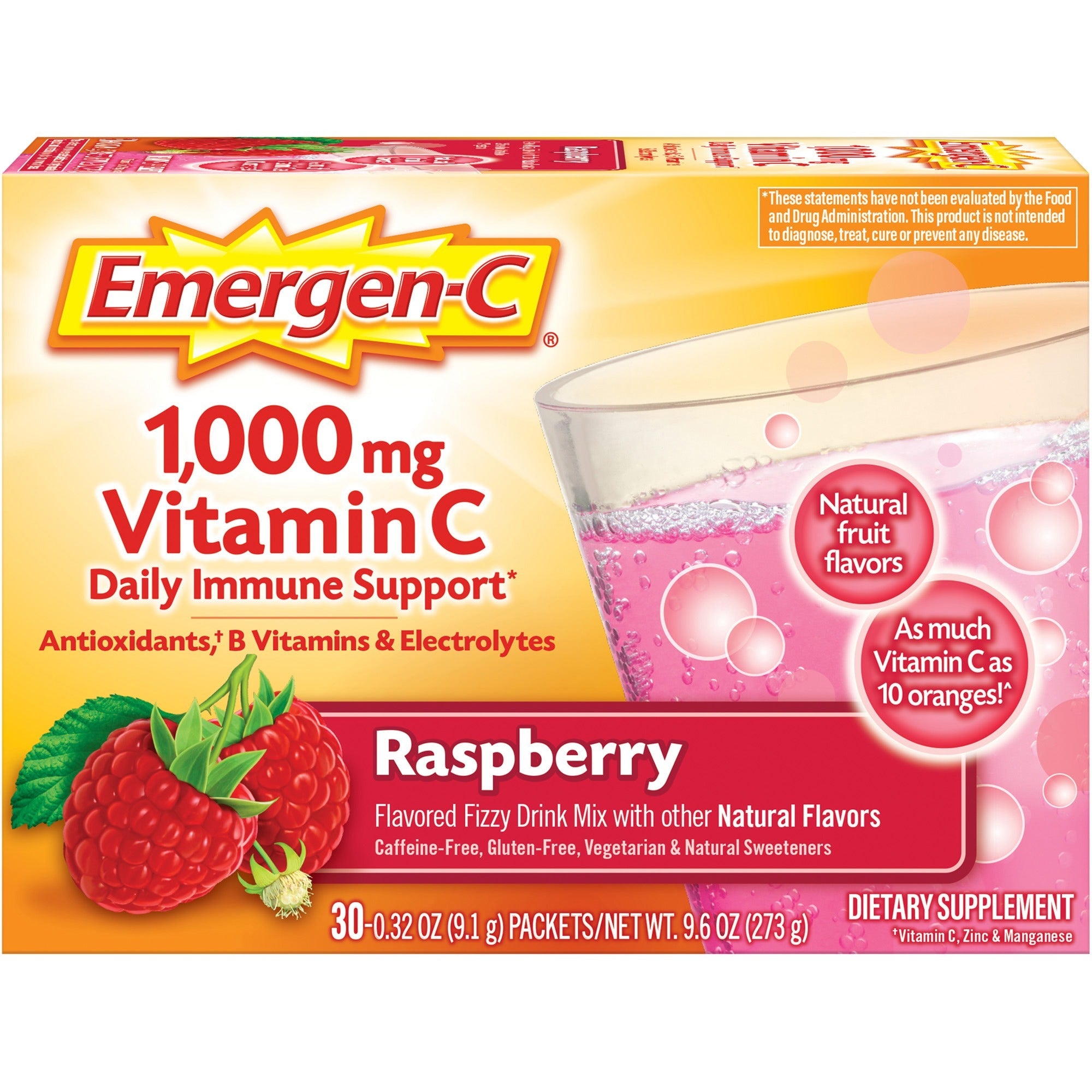 Emergen-C Raspberry Vitamin C Drink Mix - For Immune Support - Fruit, Raspberry - 30/Pack - 1 Each