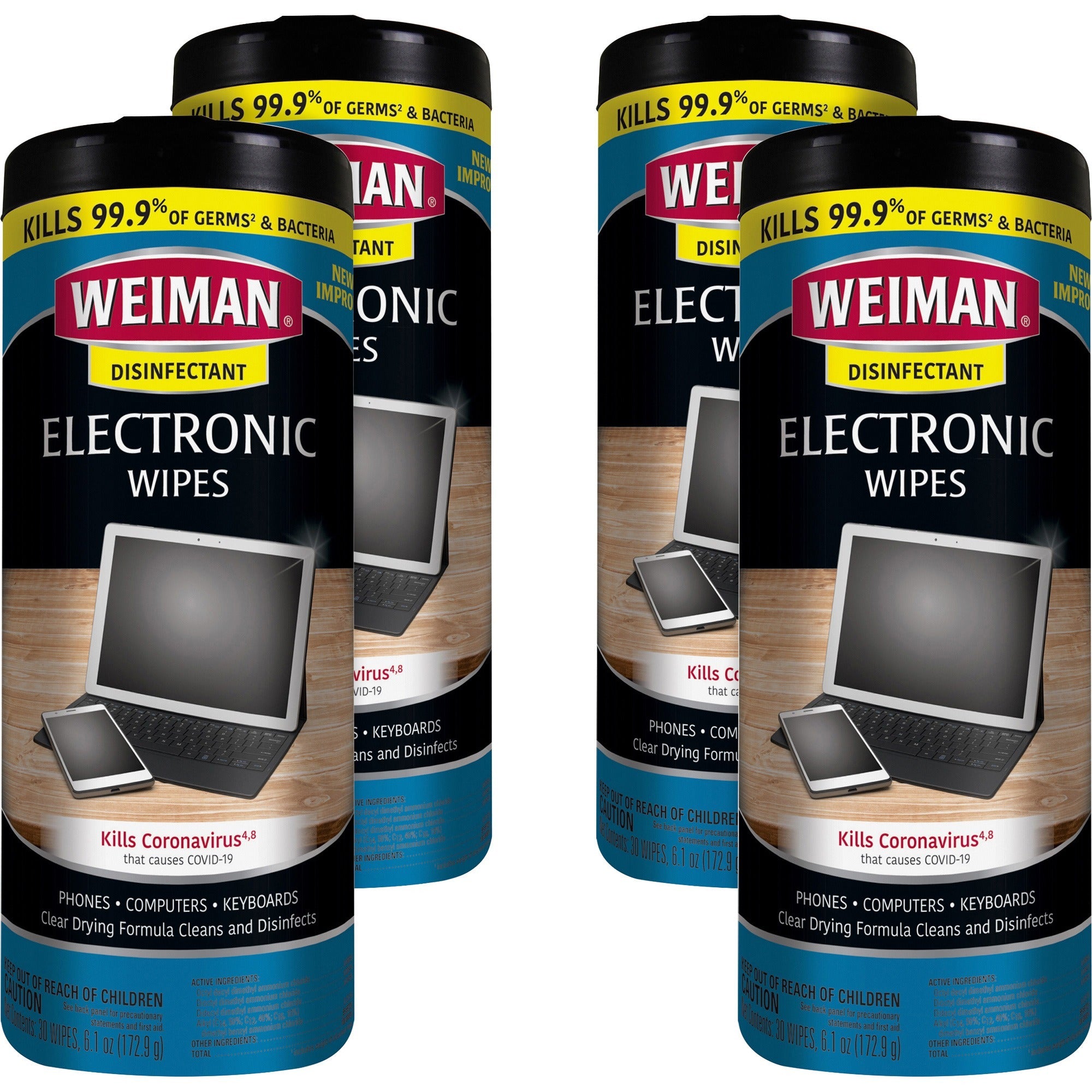 Weiman E-Tronic Wipes - For TV, Keyboard, Monitor, Notebook, Smartphone, Tablet, Electronics, Plasma Display, LCD - Streak-free, Lint-free, Ammonia-free, Anti-static, Pre-moistened - White - 30/Tub - 4 / Carton