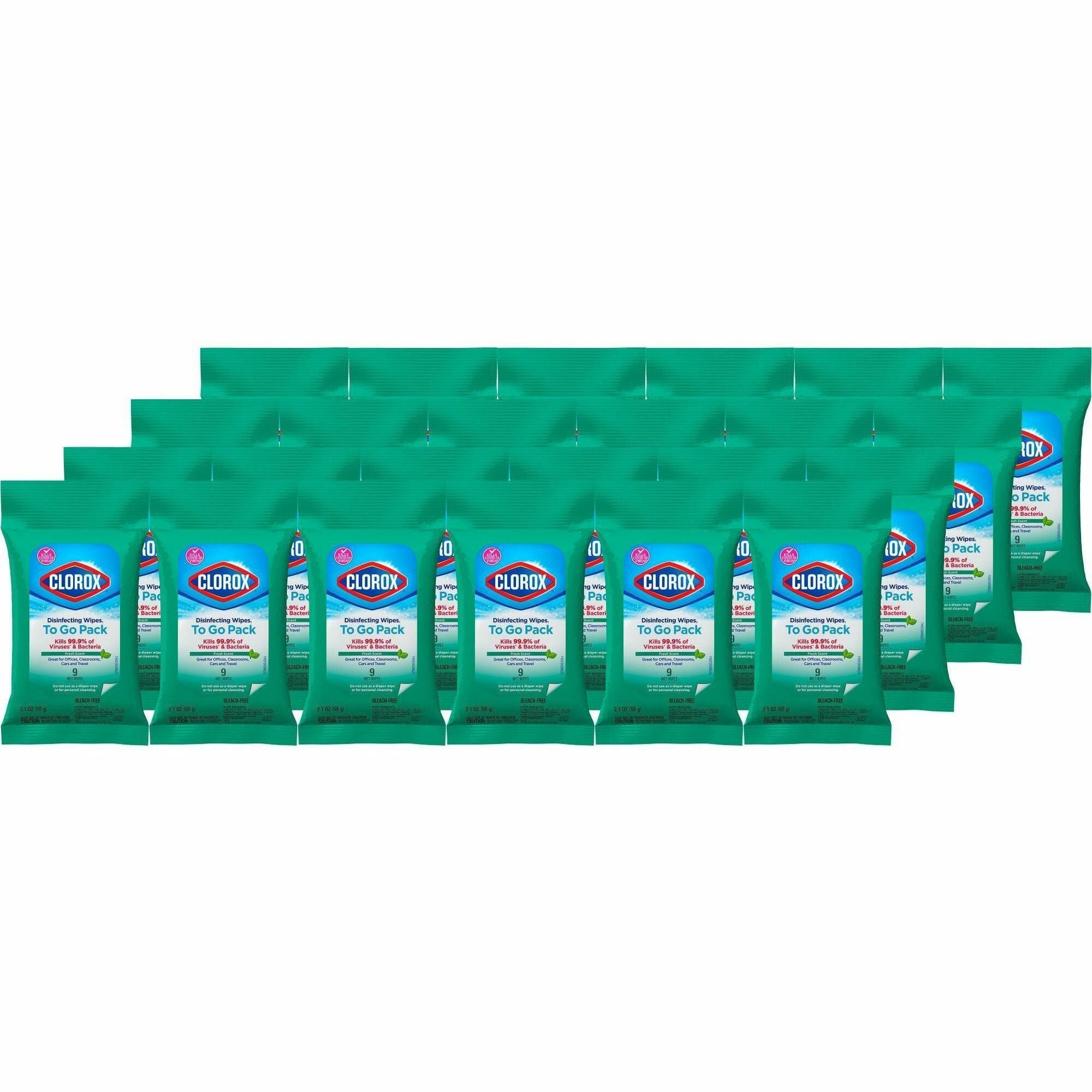 Clorox Bleach-Free Disinfecting WipesTo-Go Pack - Fresh Scent - Bleach-free, Disinfectant, Antibacterial, Disposable - White - 9 Pack - 24 / Carton