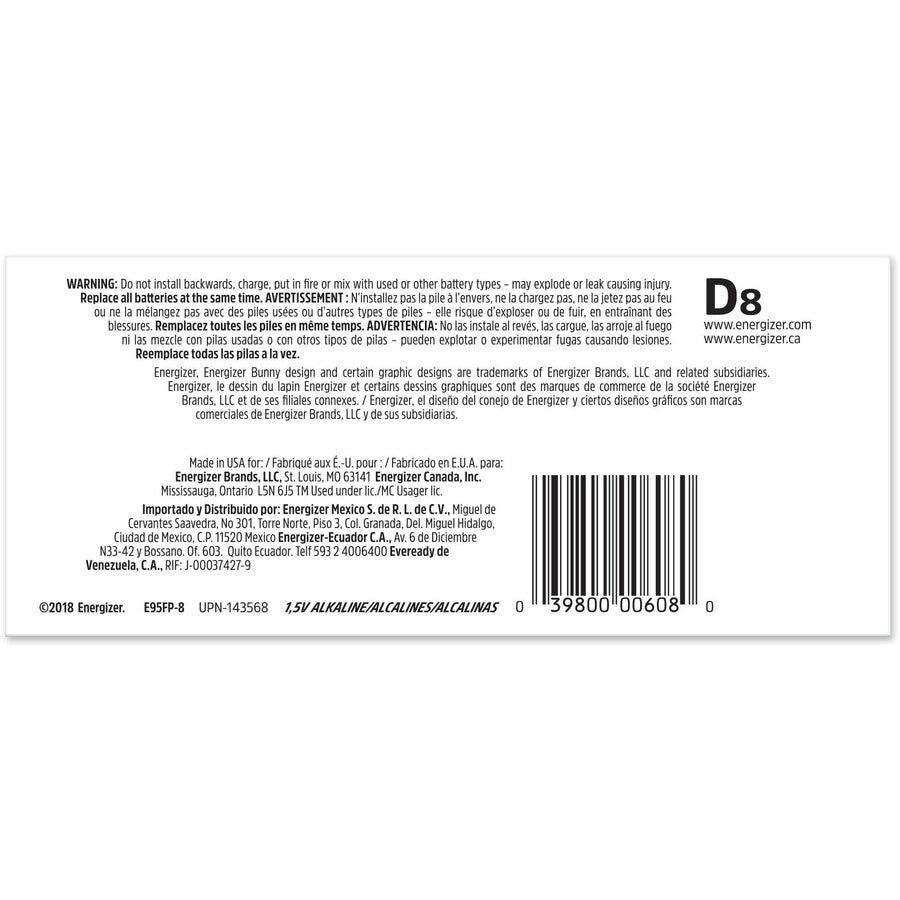 Energizer MAX Alkaline D Batteries - For Multipurpose - D - 1.5 V DC - 8 / Pack
