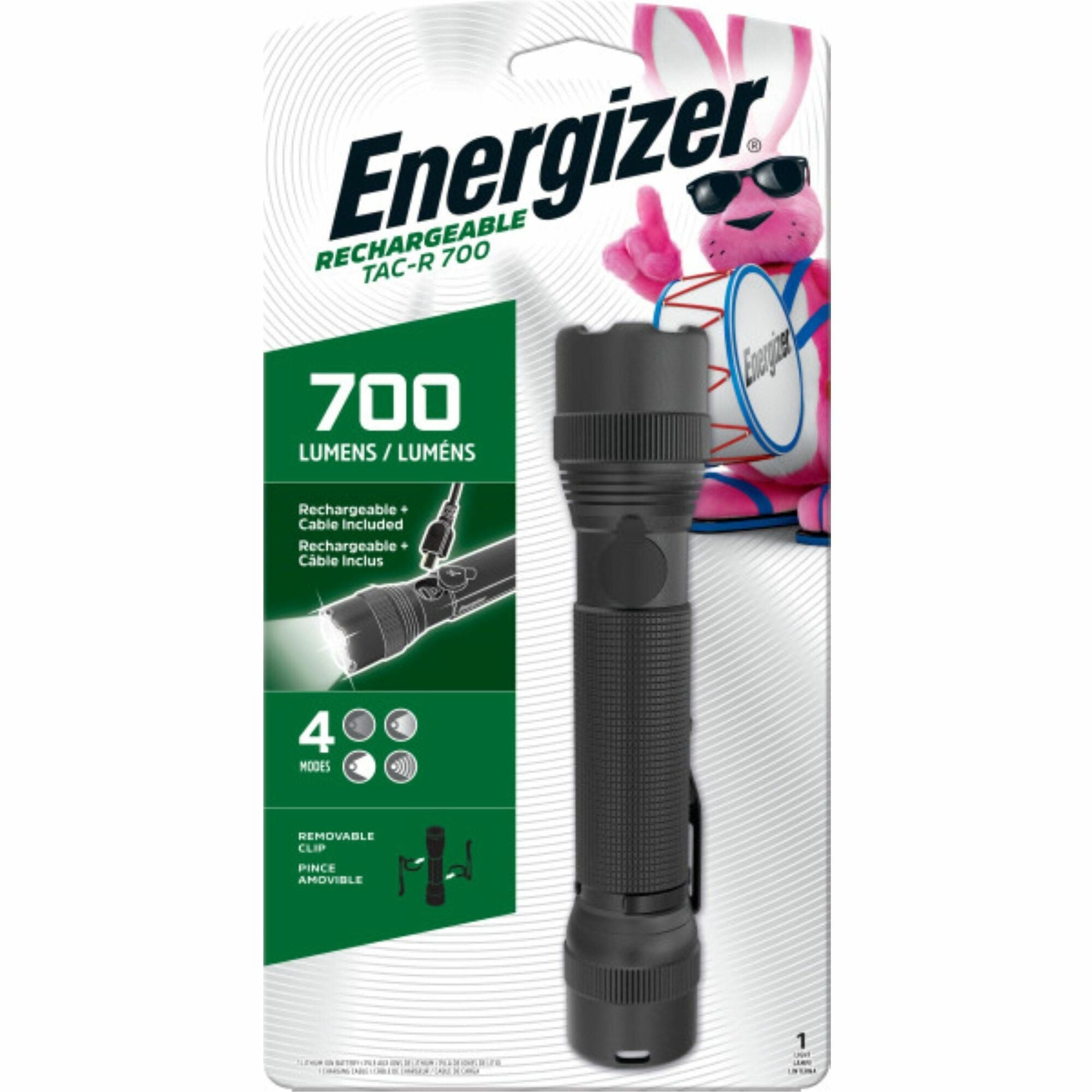 Energizer Rechargeable Tactical Metal Light - LED - 700 lm Lumen - Lithium Ion (Li-Ion) - Battery Rechargeable - Battery - Aircraft Aluminum, Metal - Black - 1 Each