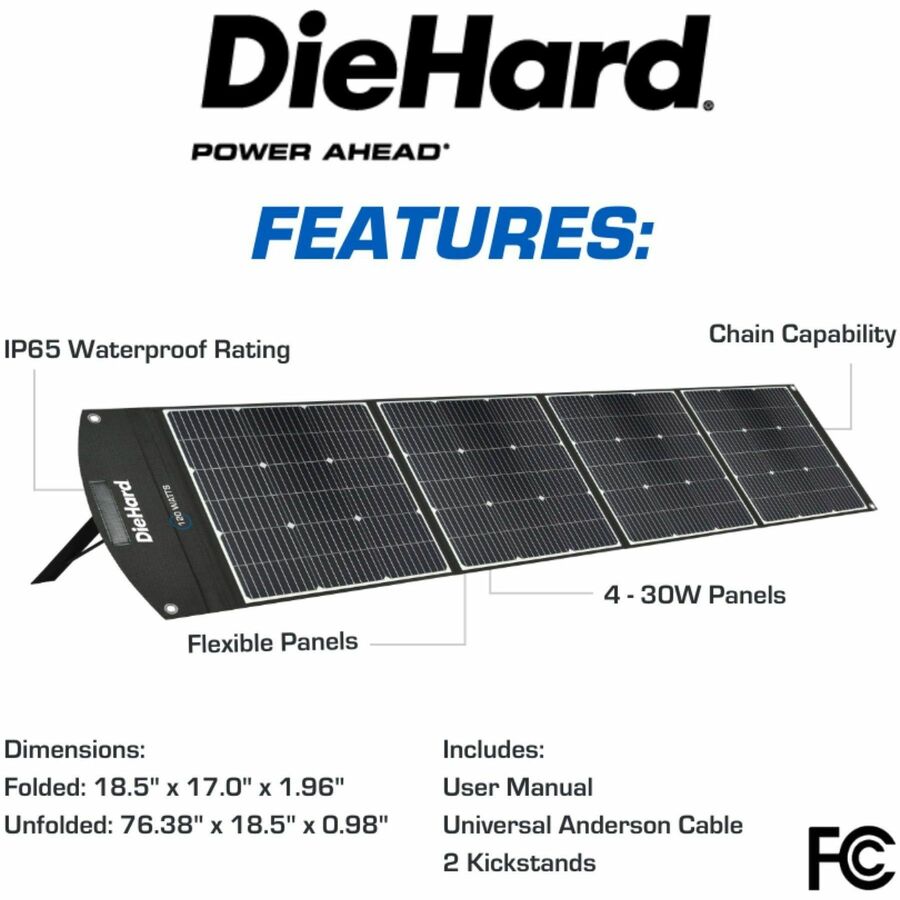 DieHard 120-Watt Solar Panel for Portable Power Station - x 31.5" Width x 10.5 ft Depth - Rich Black - 1 Each