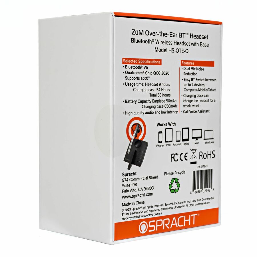 Spracht ZUM Over-the-Ear Bluetooth Headset & Base - Mono - Wireless - Bluetooth - Over-the-ear - Matte Black