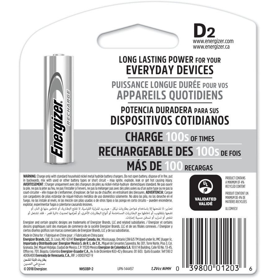 Energizer Recharge Universal Rechargeable D Batteries - For Multipurpose - Battery Rechargeable - D - 2500 mAh - 2 / Pack