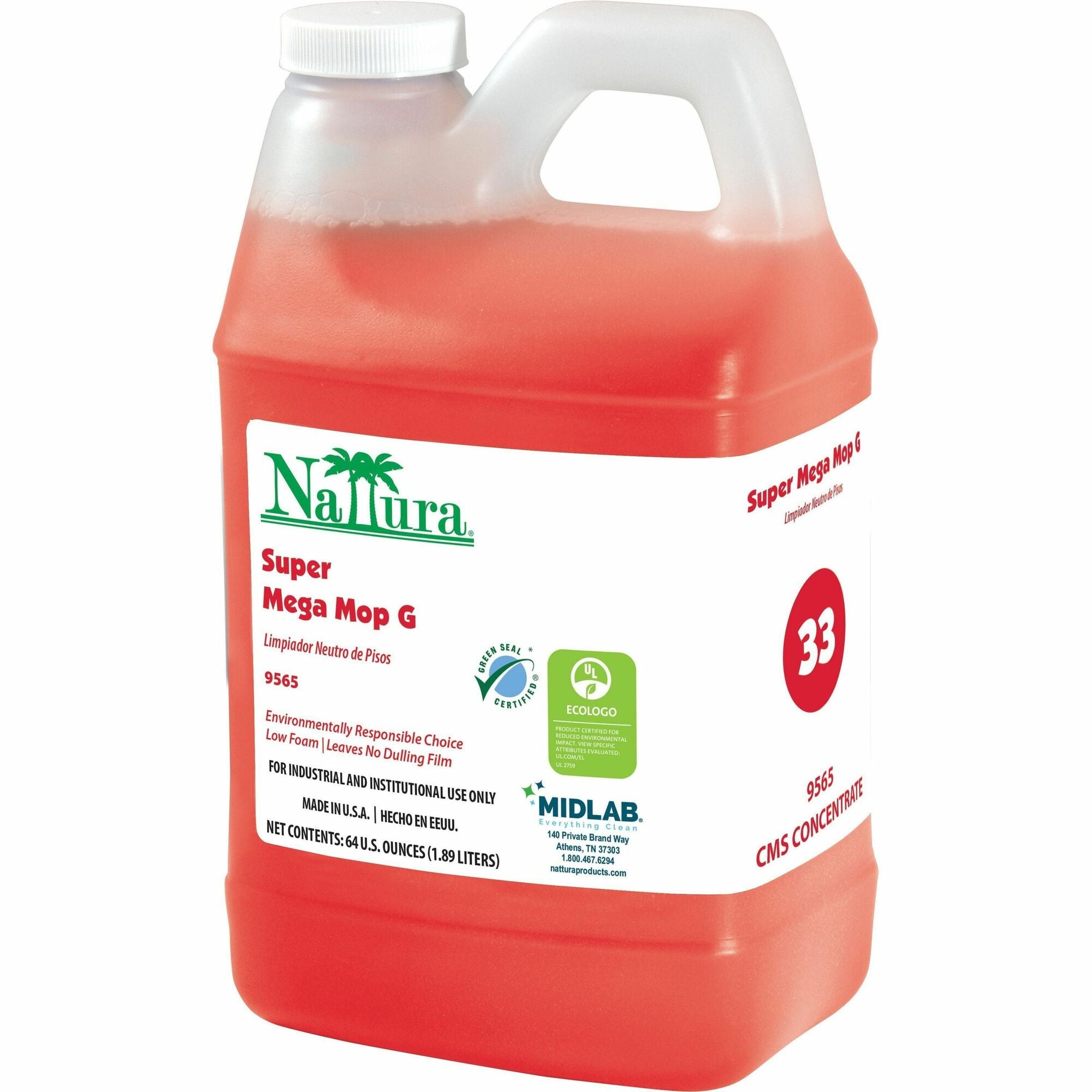 Nattura Super Mega Mop G - For Floor, Hard Surface - Concentrate - Liquid - 64 fl oz (2 quart) - Tangy Fruit Scent - 4 / Carton - Rinse-free - Red