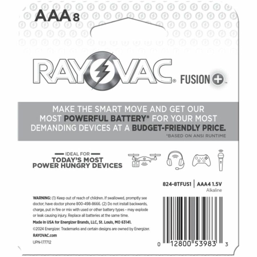 Rayovac Fusion Battery - For Microphone, Video Game Controller, Toy, Headset, High Drain Device, Remote Control Aircraft - AAA - 8 / Pack