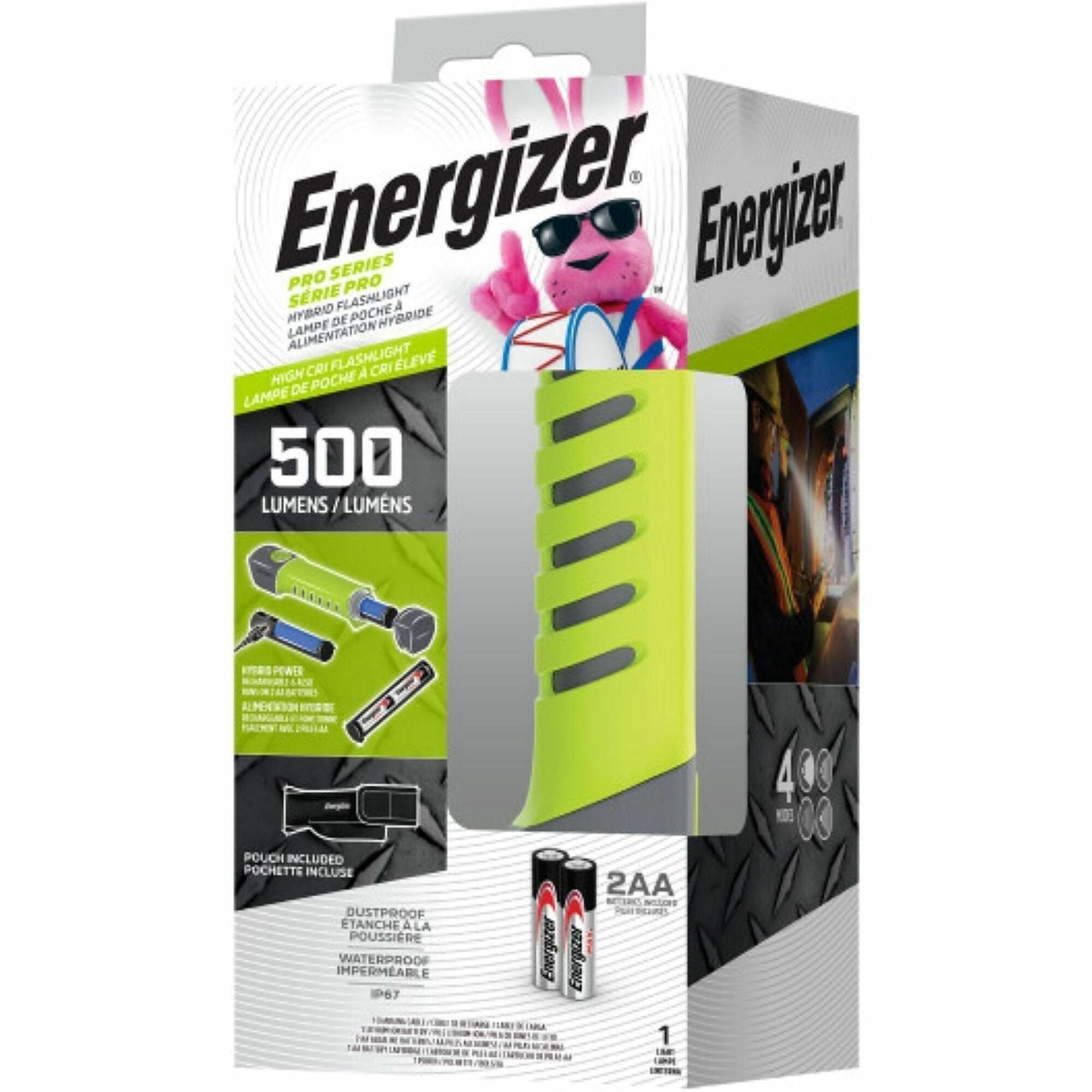 Energizer Hybrid Pro Series Handheld Flashlight - LED - 500 lm Lumen - AAA - Battery - Water Proof, Dust Proof - Green, Gray - 1 Each