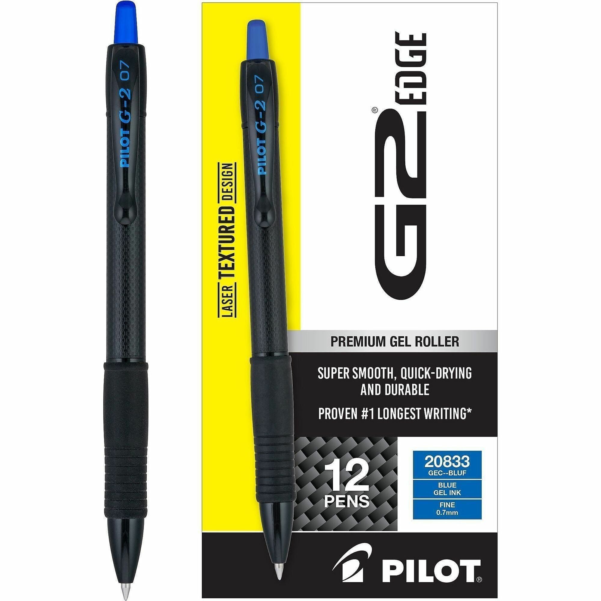 G2 Edge Gel Pen - 0.7 mm Fine Pen Point - Refillable - Retractable - Blue Ink - Gel-based - Black, Blue Barrel - Tungsten Carbide Tip - Writing - 1 Dozen