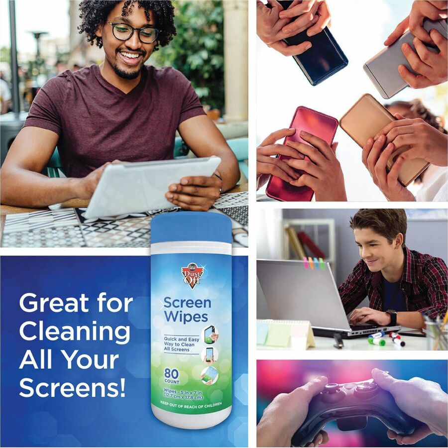 Dust-Off Anti-Static Monitor Wipes - For Monitor - Streak-free, Pre-moistened, Non-abrasive, Alcohol-free, Anti-static - White - 80/Tub - 1 Each