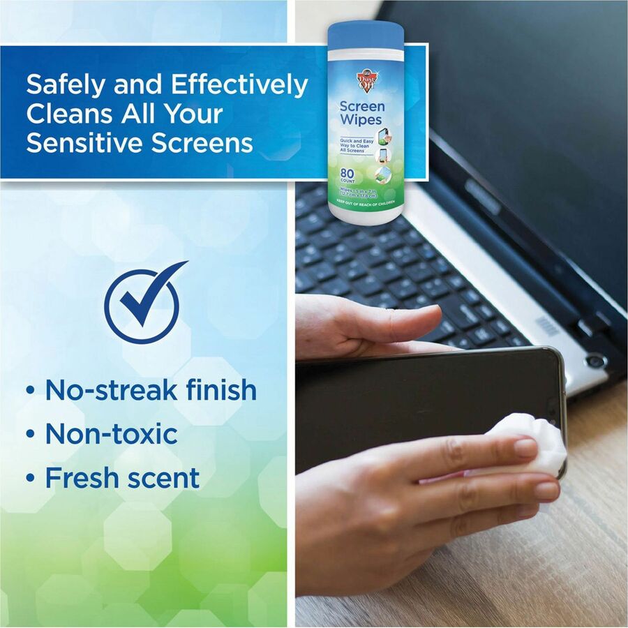Dust-Off Anti-Static Monitor Wipes - For Monitor - Streak-free, Pre-moistened, Non-abrasive, Alcohol-free, Anti-static - White - 80/Tub - 1 Each