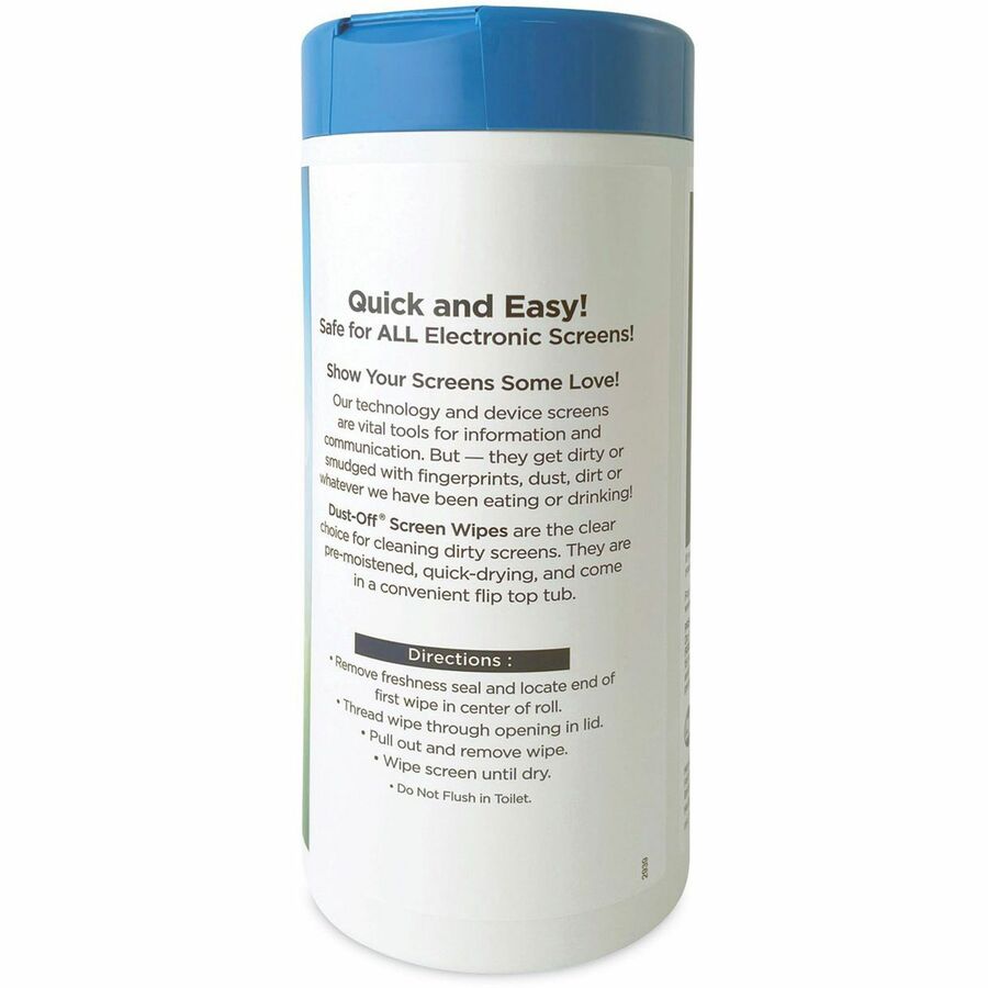 Dust-Off Anti-Static Monitor Wipes - For Monitor - Streak-free, Pre-moistened, Non-abrasive, Alcohol-free, Anti-static - White - 80/Tub - 1 Each