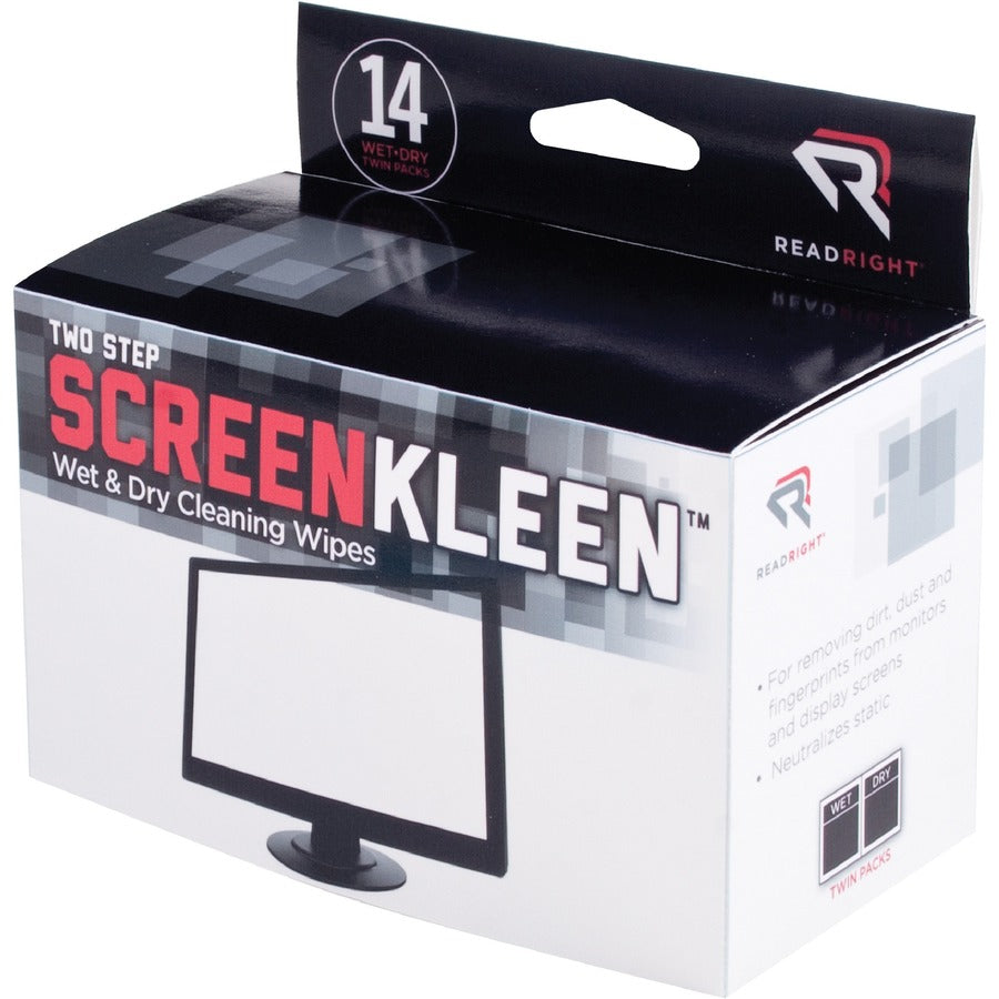 Read Right Kleen & Dry Screen Cleaners - For Display Screen - Pre-moistened, Lint-free, Anti-static, Anti-glare - 2 Sets/Packet - 14 / Box