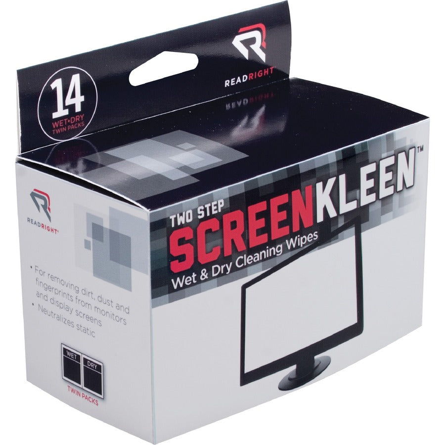 Read Right Kleen & Dry Screen Cleaners - For Display Screen - Pre-moistened, Lint-free, Anti-static, Anti-glare - 2 Sets/Packet - 14 / Box