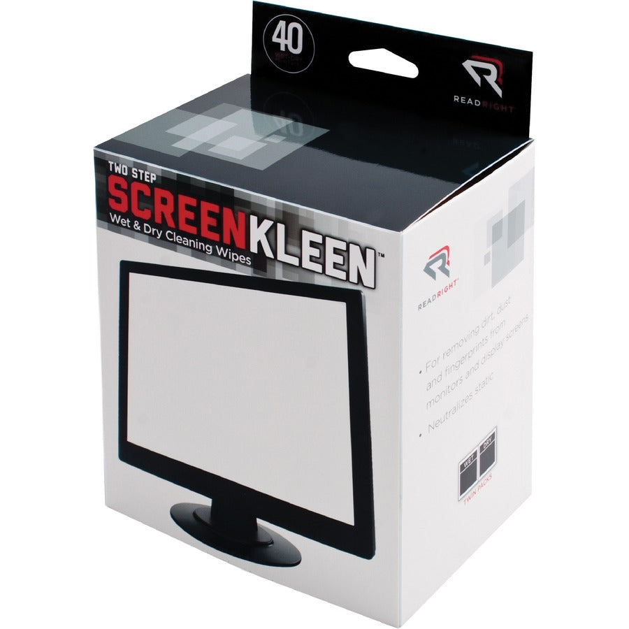 Read Right Kleen & Dry Screen Cleaners - For Display Screen - Pre-moistened, Lint-free, Anti-static - 2/Set - 40 / Box