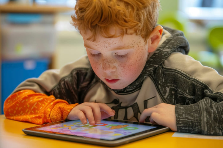 A boy playing on the tablet