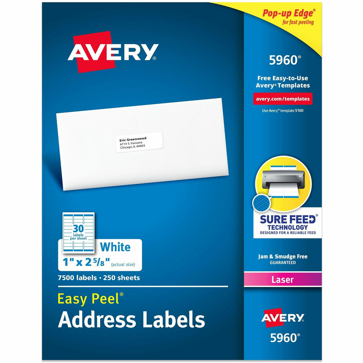 Avery®  Easy Peel Address Labels - 1" Width x 2 5/8" Length - Permanent Adhesive - Rectangle - Laser - White - Paper - 30 / Sheet - 250 Total Sheets - 7500 Total Label(s) - 7500 / Box